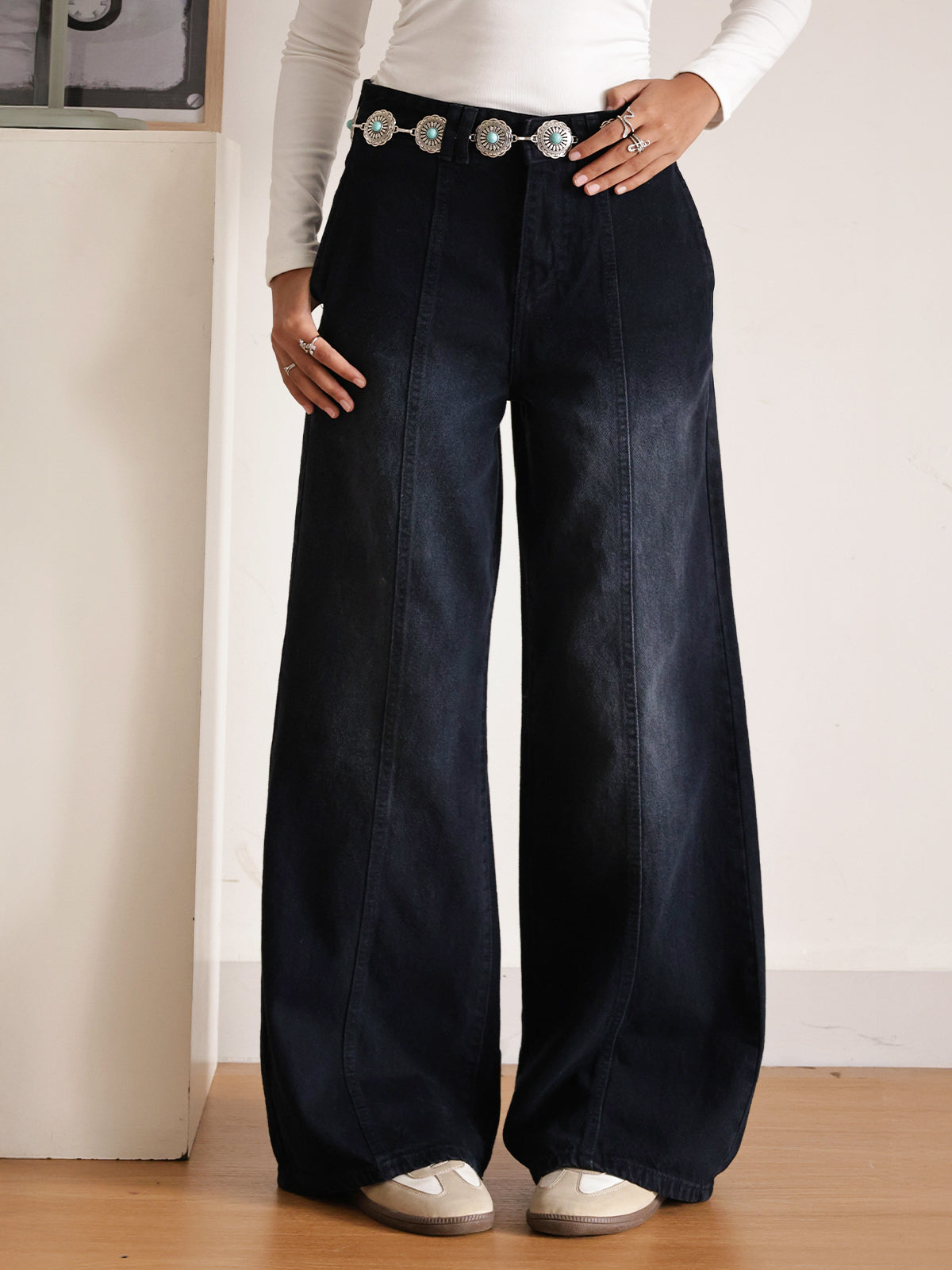 Alaska Black Panelled Super Wide Leg Jeans