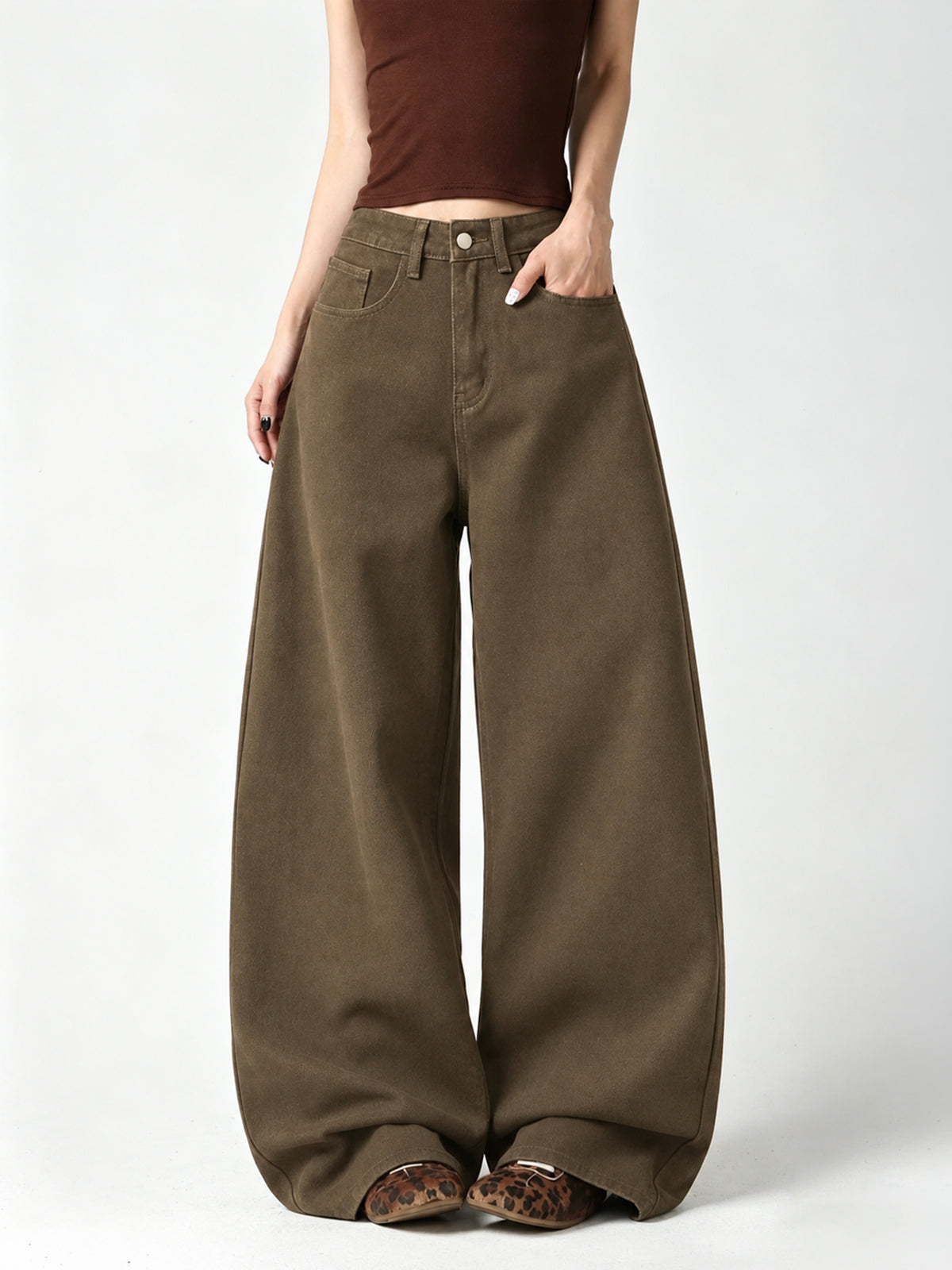Walnut Brown Washed Wide Leg Jeans