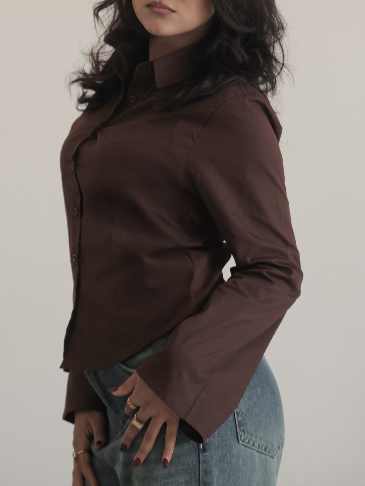 Chocolate Brown Flared Sleeve Y2K Fitted Shirt