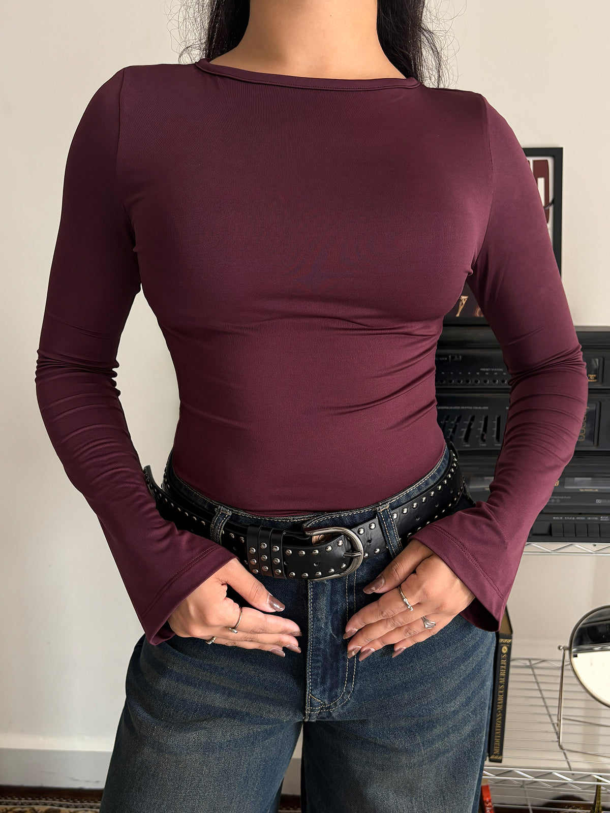 Plum Boat Neck Bell Sleeve Slim Fit Top