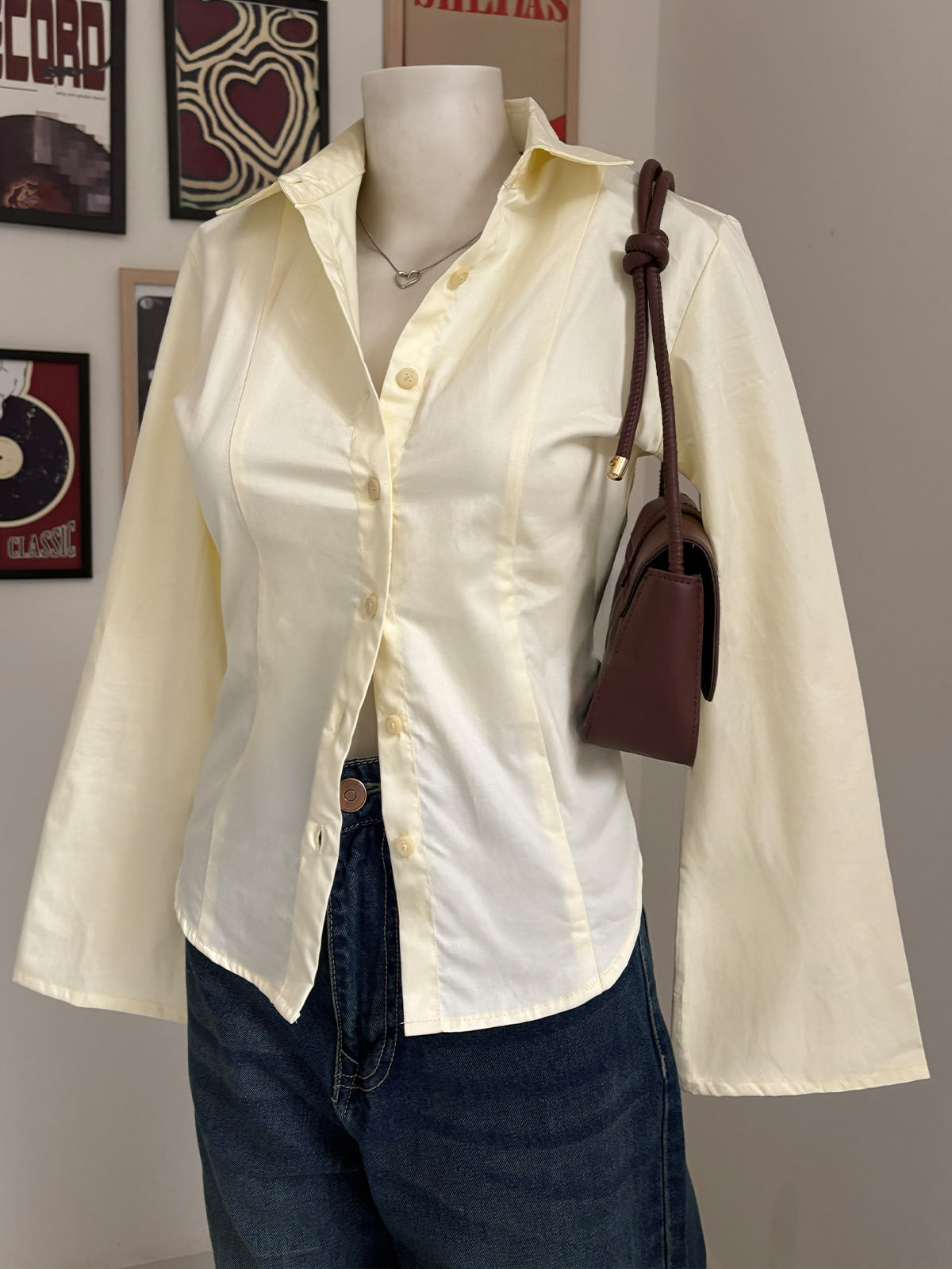 Butter Yellow Flared Sleeve Y2K Fitted Shirt