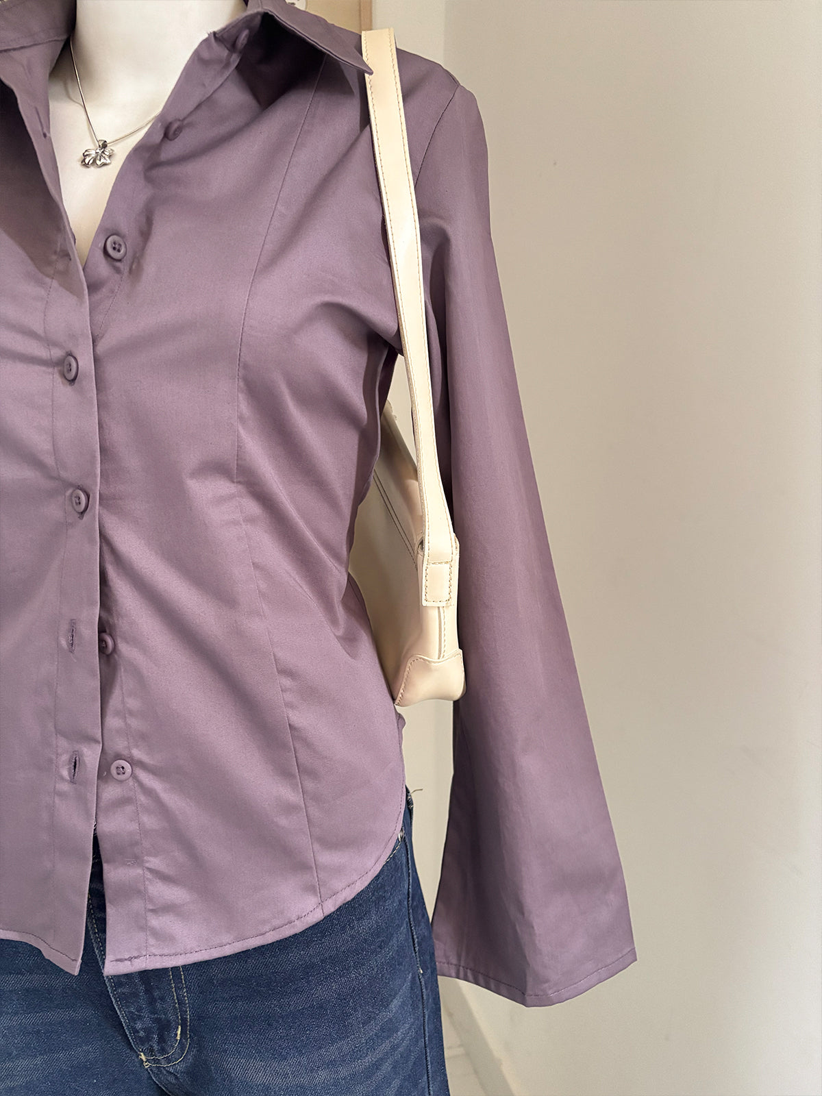 Dusty Mauve Flared Sleeve Y2K Fitted Shirt