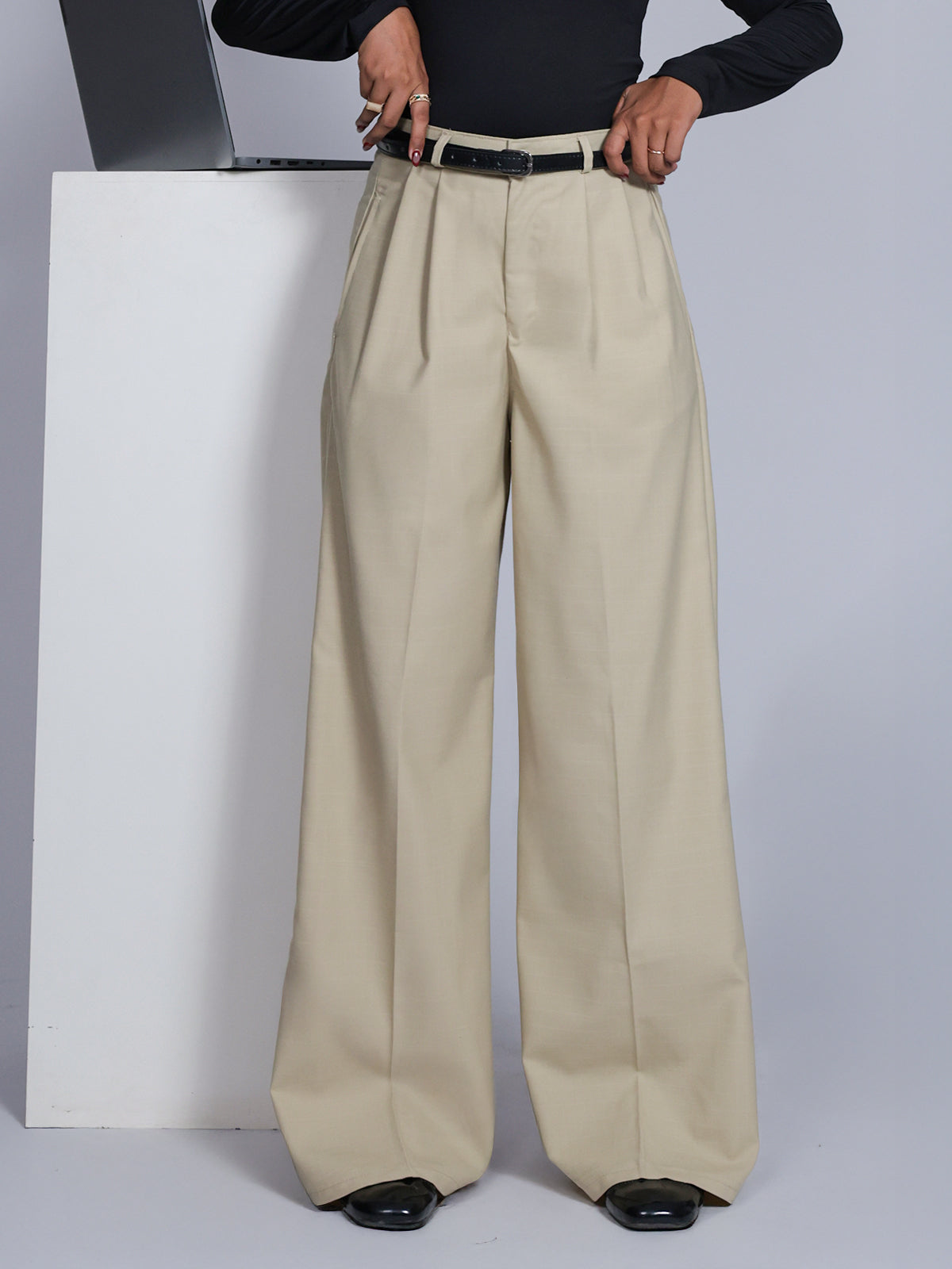 Vanilla Beige Belted Wide Leg Korean Pant