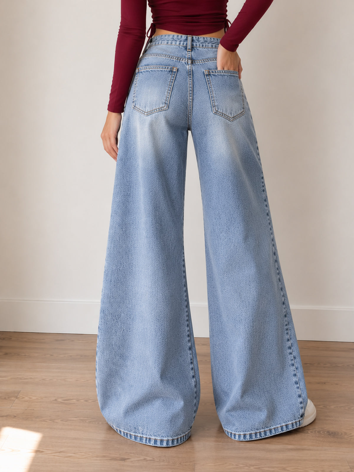 French Blue Panelled Washed Super Wide Leg Jeans