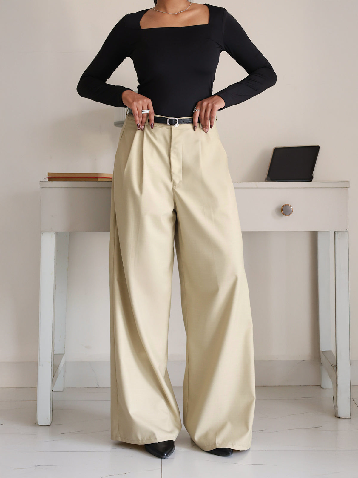 Vanilla Beige Belted Wide Leg Korean Pant