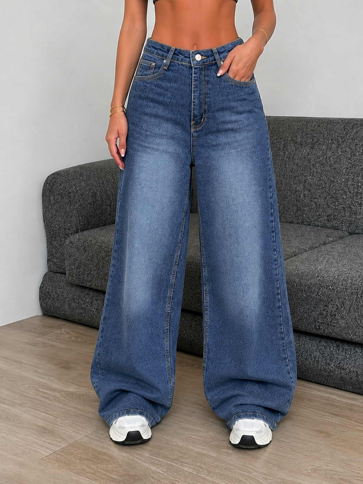Luxe Drip Blue Washed Stretchable Wide Leg Jeans