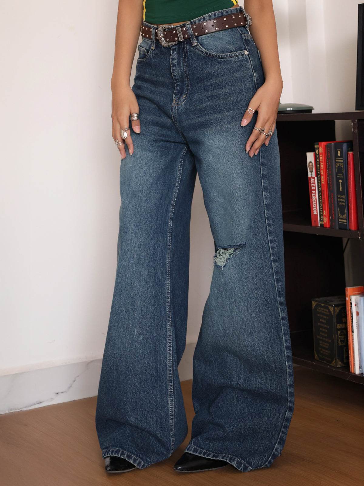 Dive Blue Washed Ripped Super Wide Leg Jeans