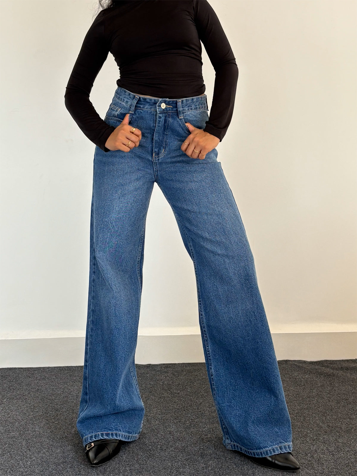 90'S Ocean Blue Whisker Super Wide Leg Jeans