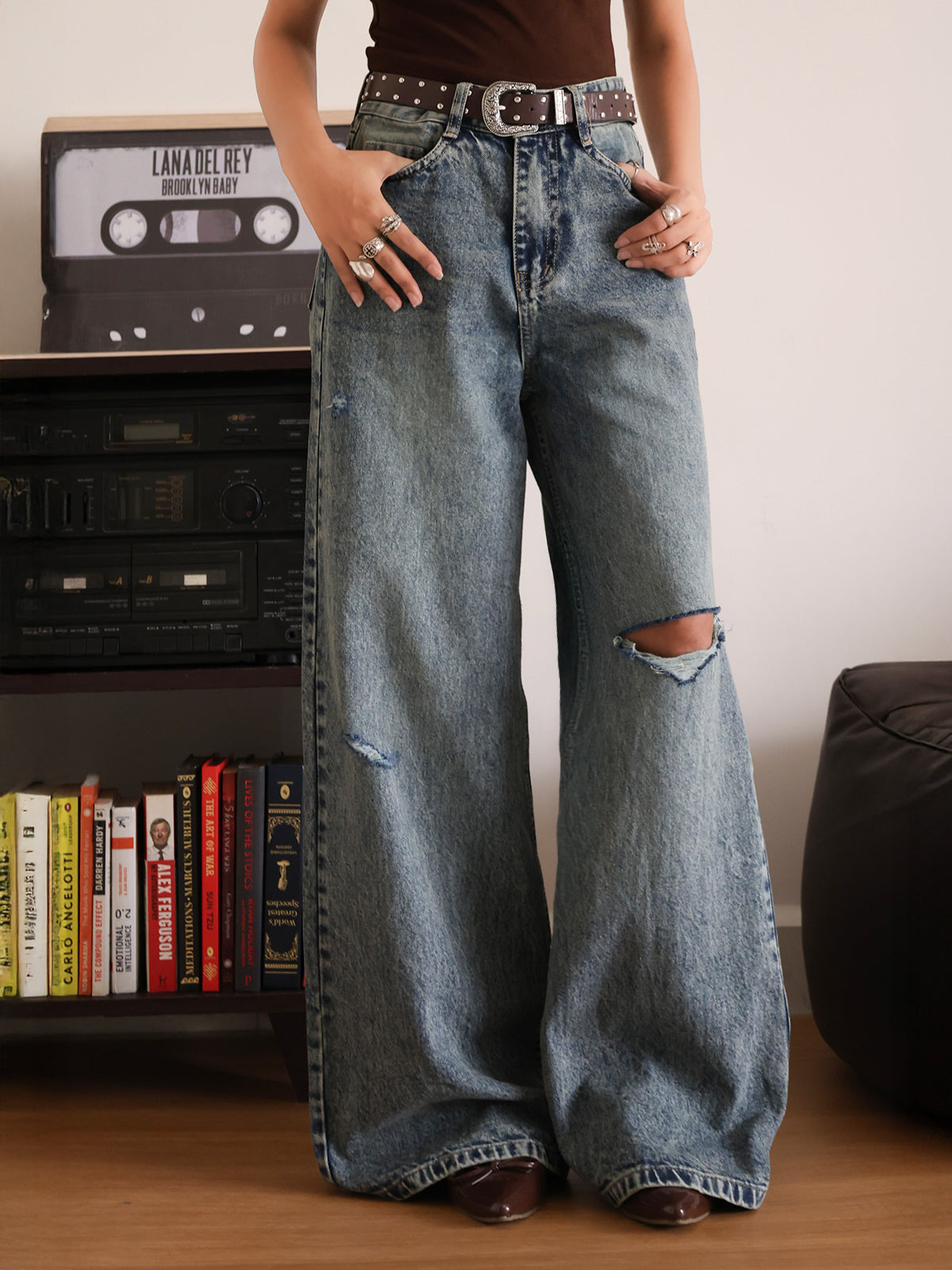 Retro Blue Tinted Ripped Super Wide Leg Jeans