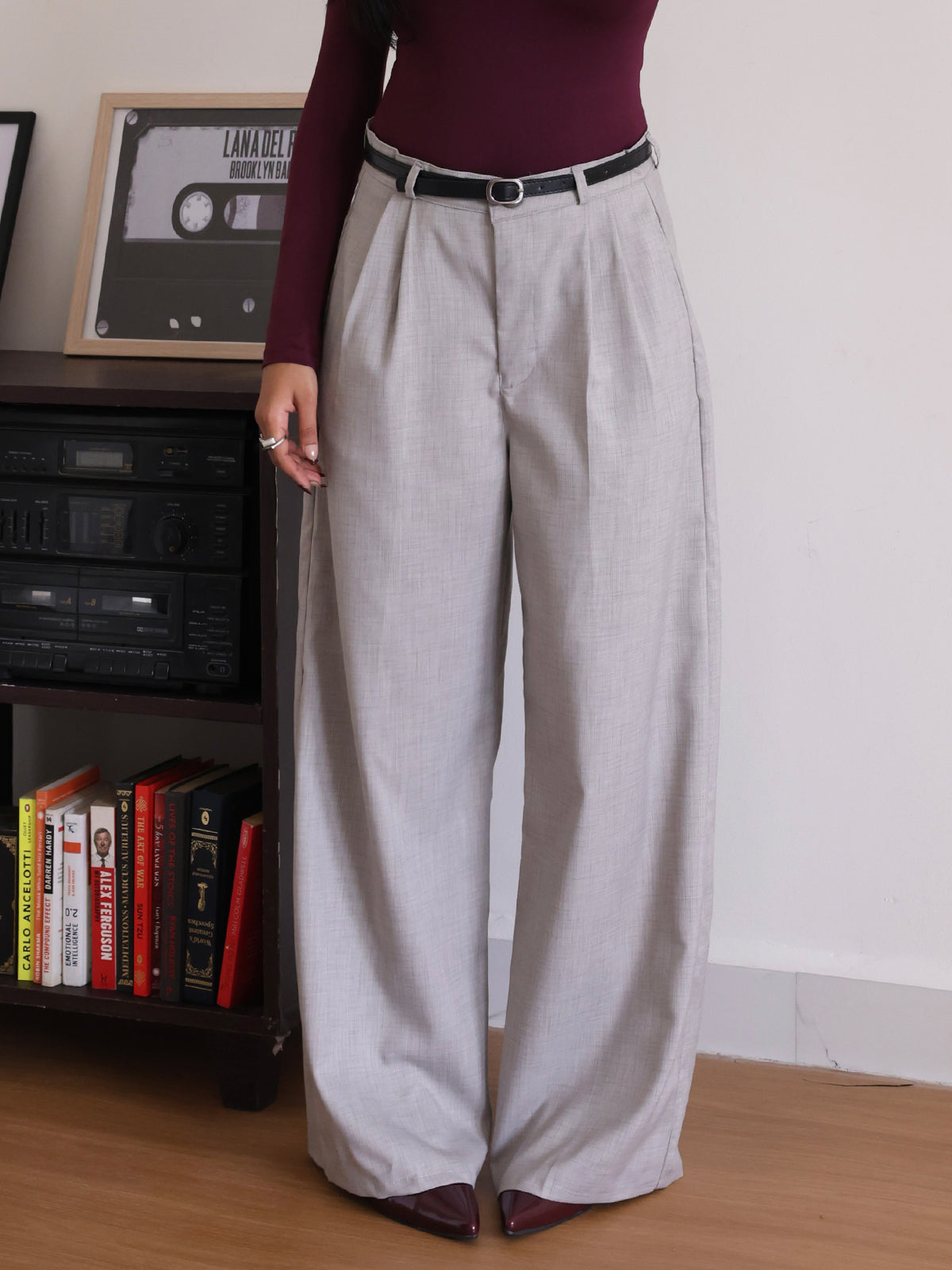 Oat Milk Belted Wide Leg Korean Pant