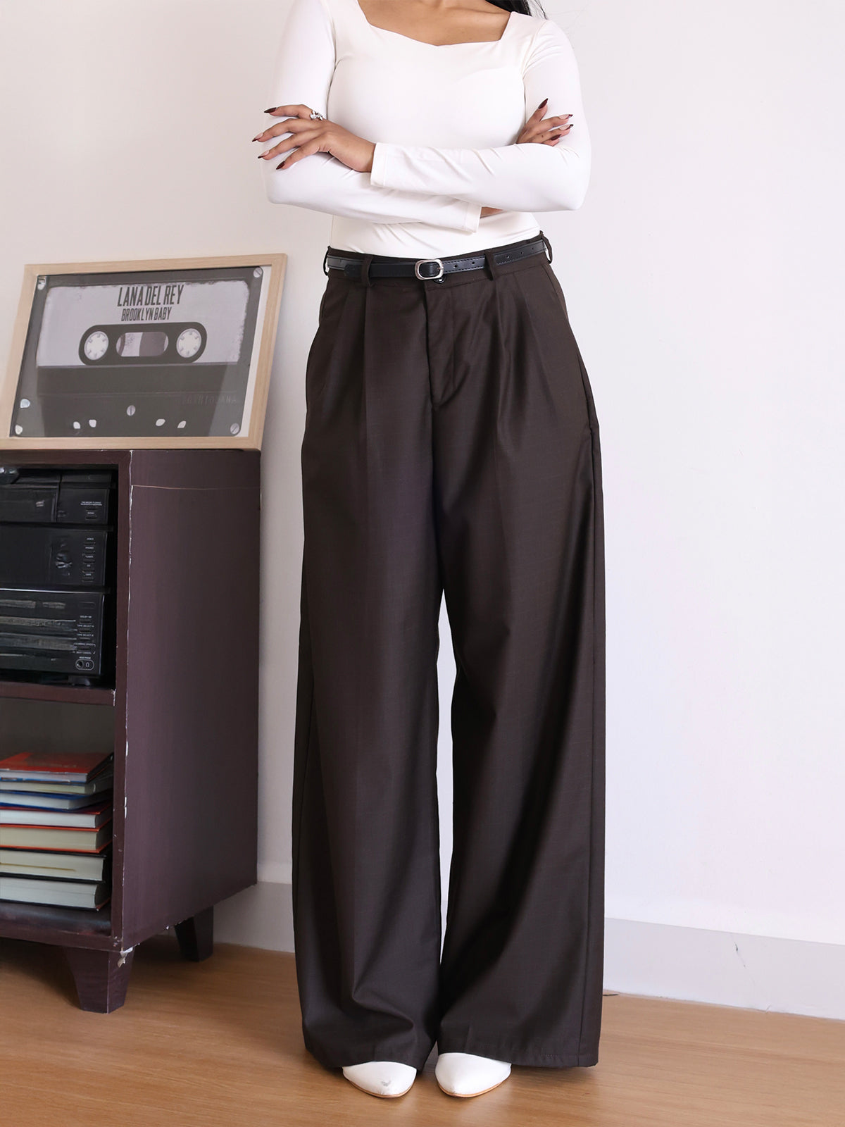 Espresso Brown Belted Wide Leg Korean Pant