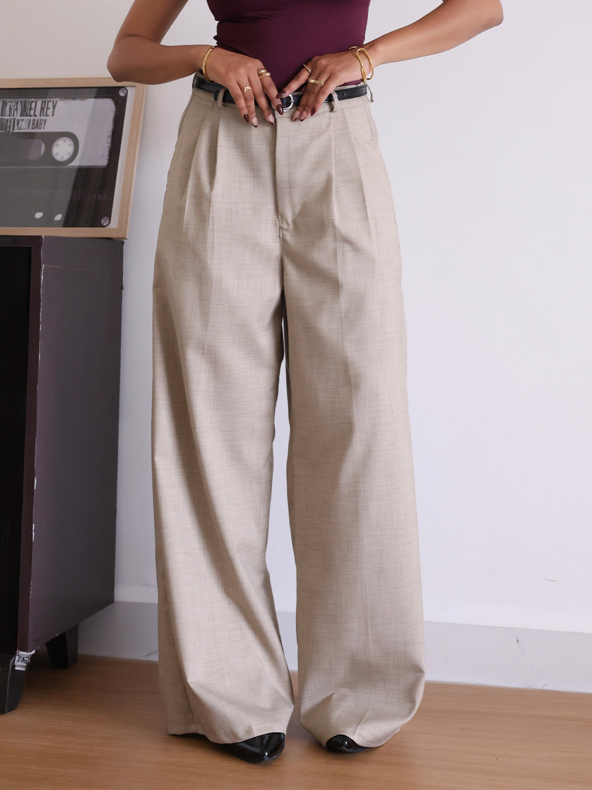 Walnut Brown Belted Wide Leg Korean Pant