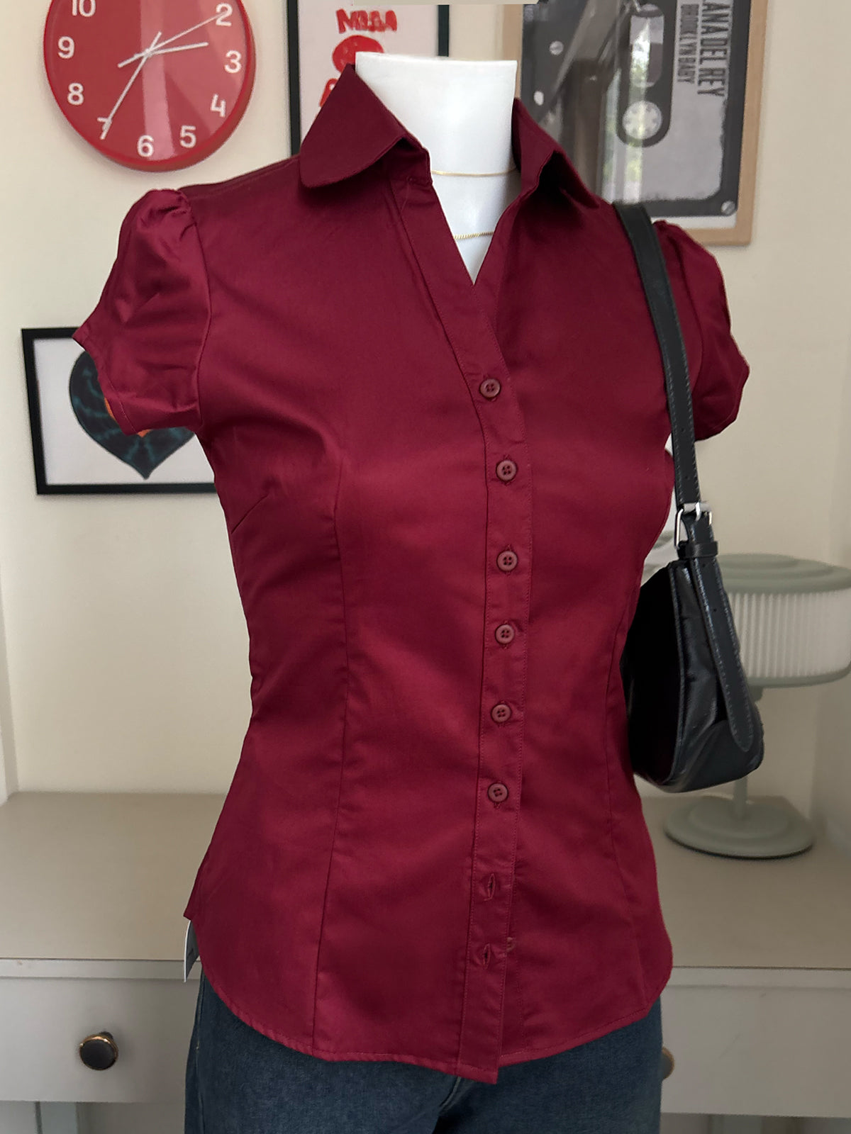 Cherry Red Short Sleeve Y2K Fitted Shirt