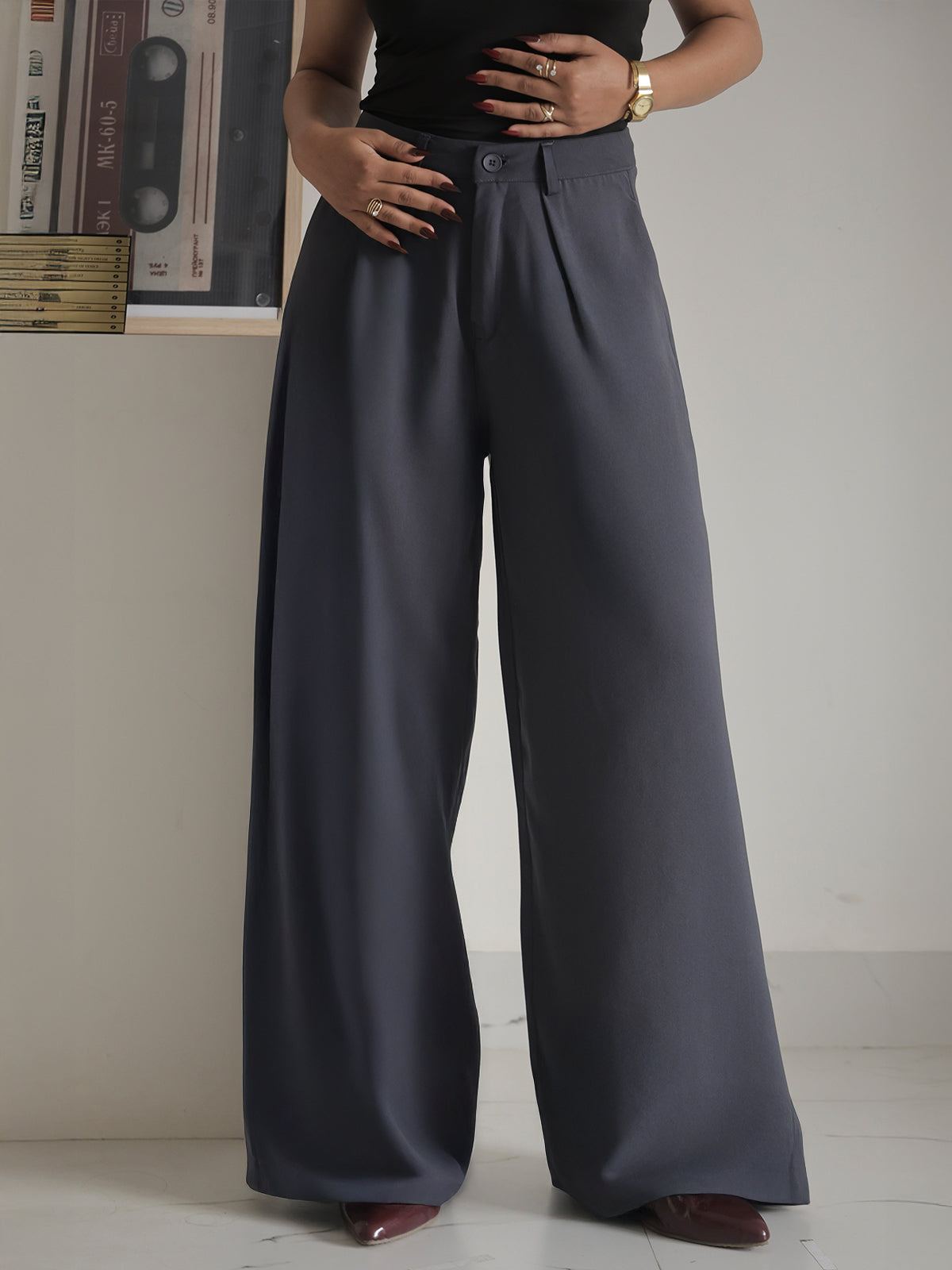 Ash Grey Pleated Wide Leg Korean Pants