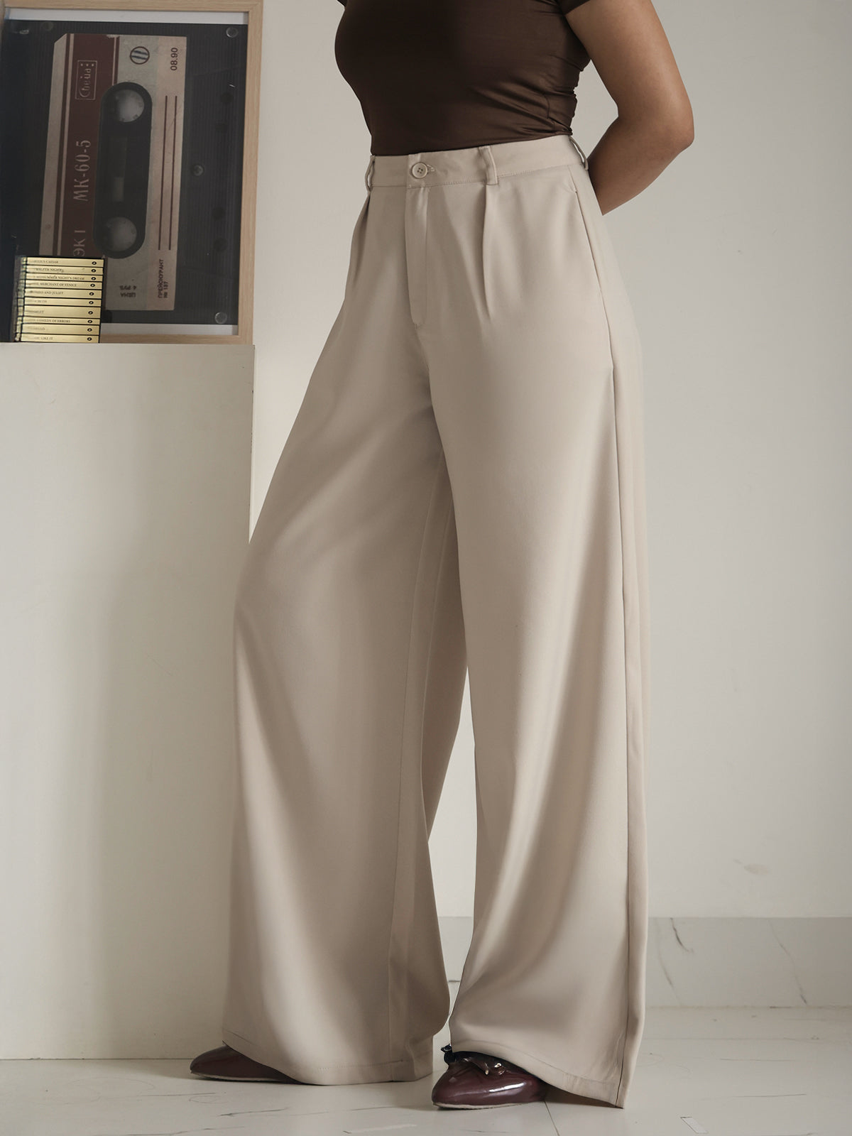 Muted Beige Pleated Wide Leg Korean Pants