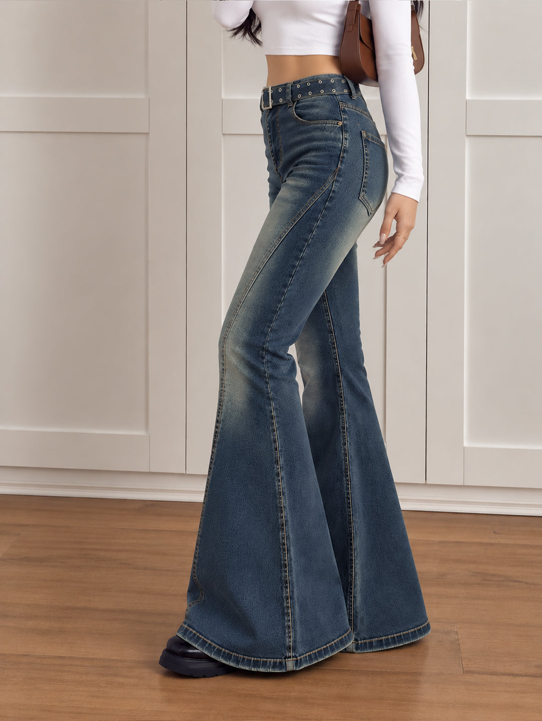 Dusty Navy Blue Belted Bootcut Jeans