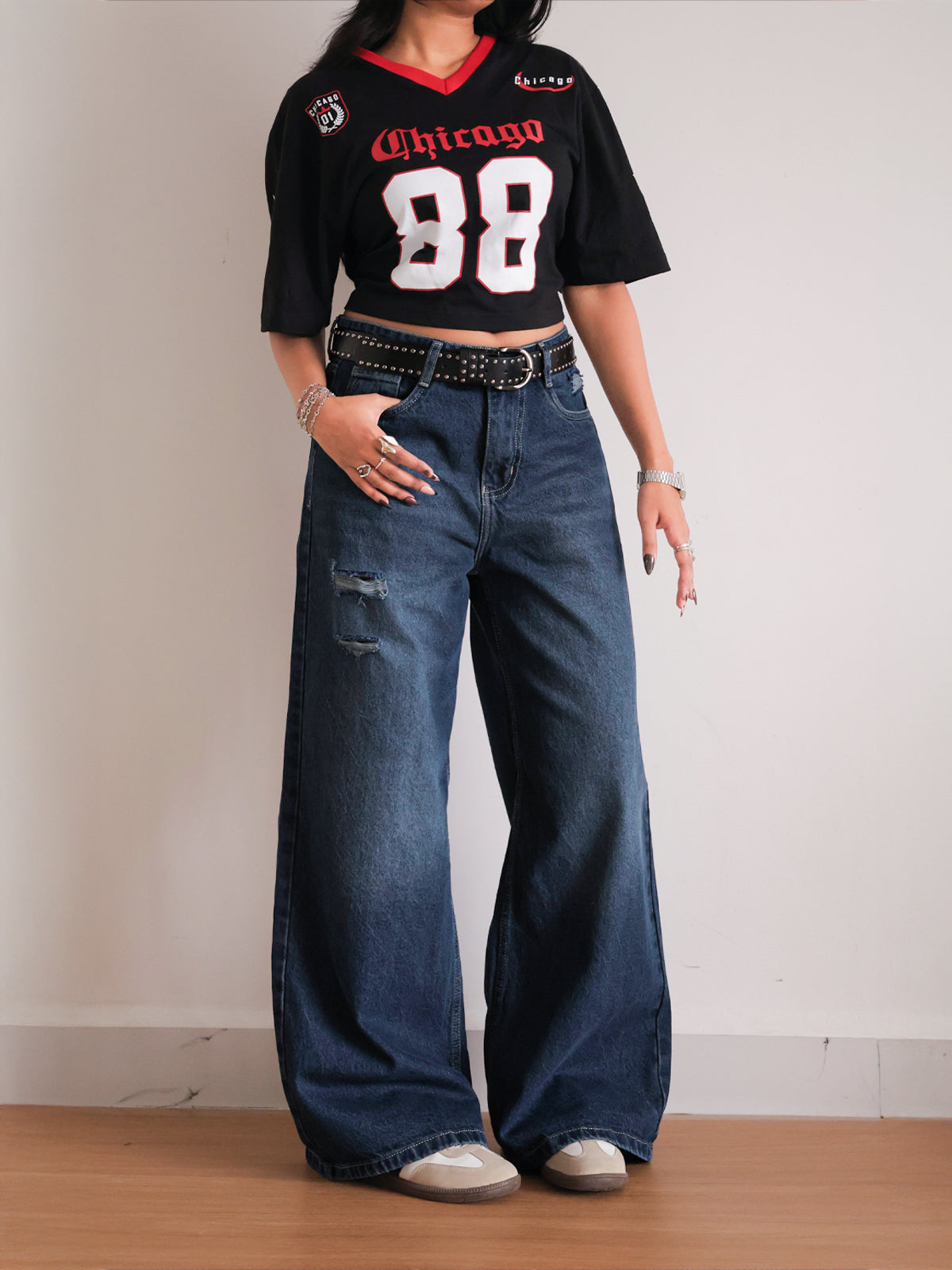 Deep Ocean Blue Ripped Ultra Wide Leg Jeans  