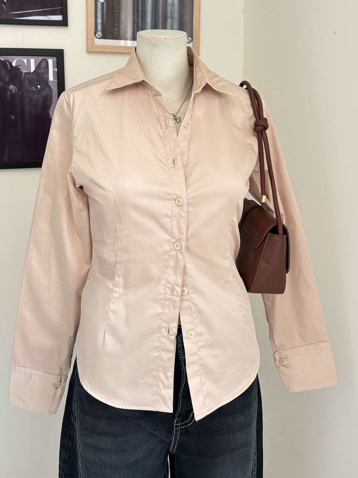 Beige Long Sleeve Y2K Fitted Shirt