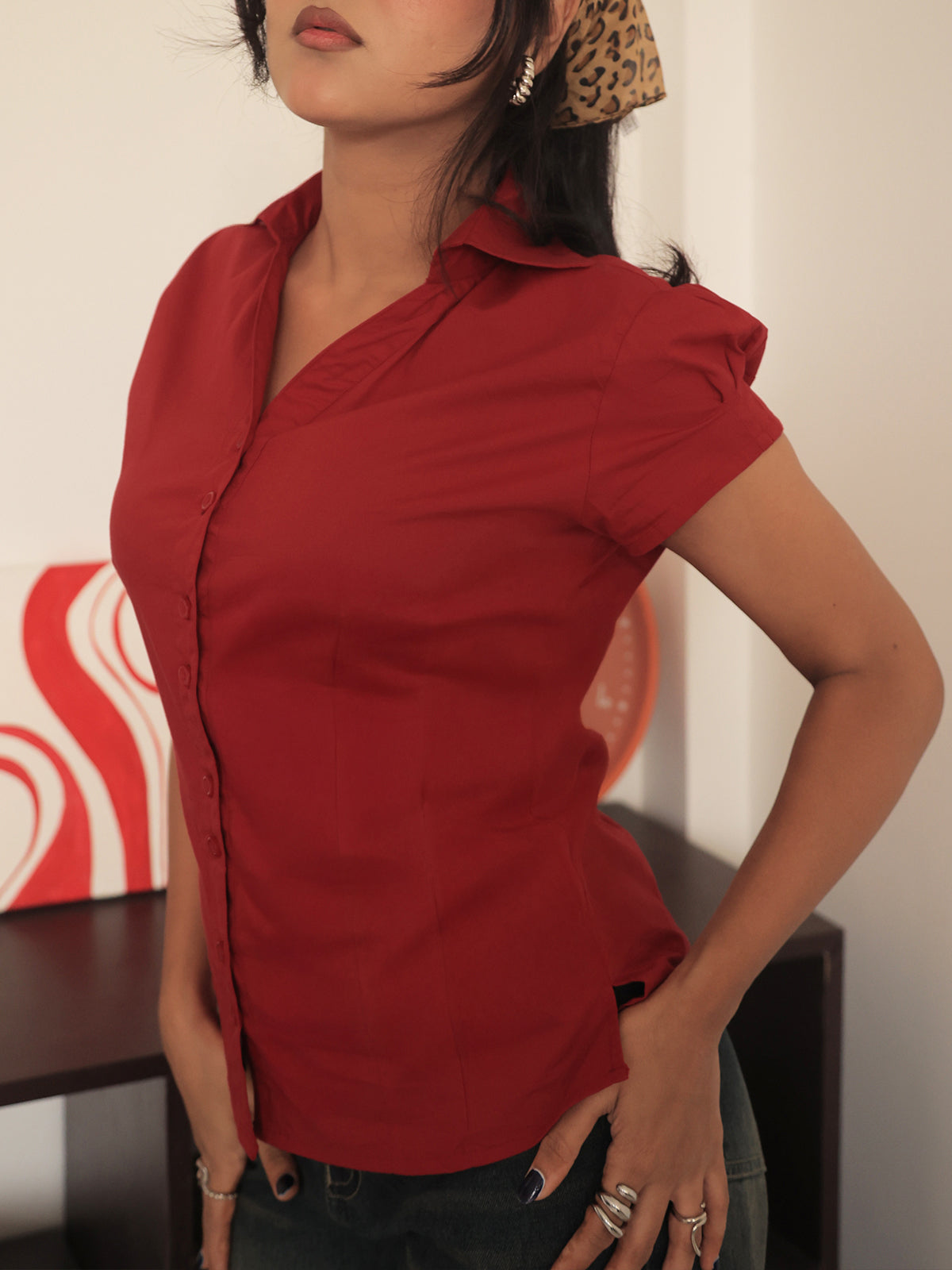 Red Short Sleeve Y2K Fitted Shirt