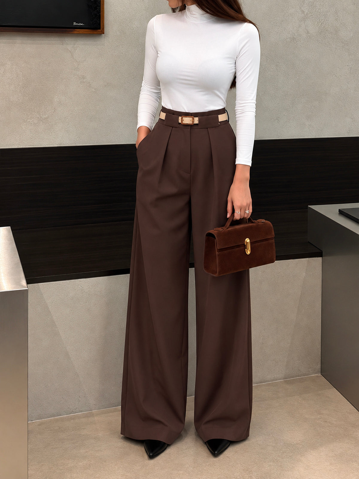 Truffle Brown Belted Tailored Korean Pant