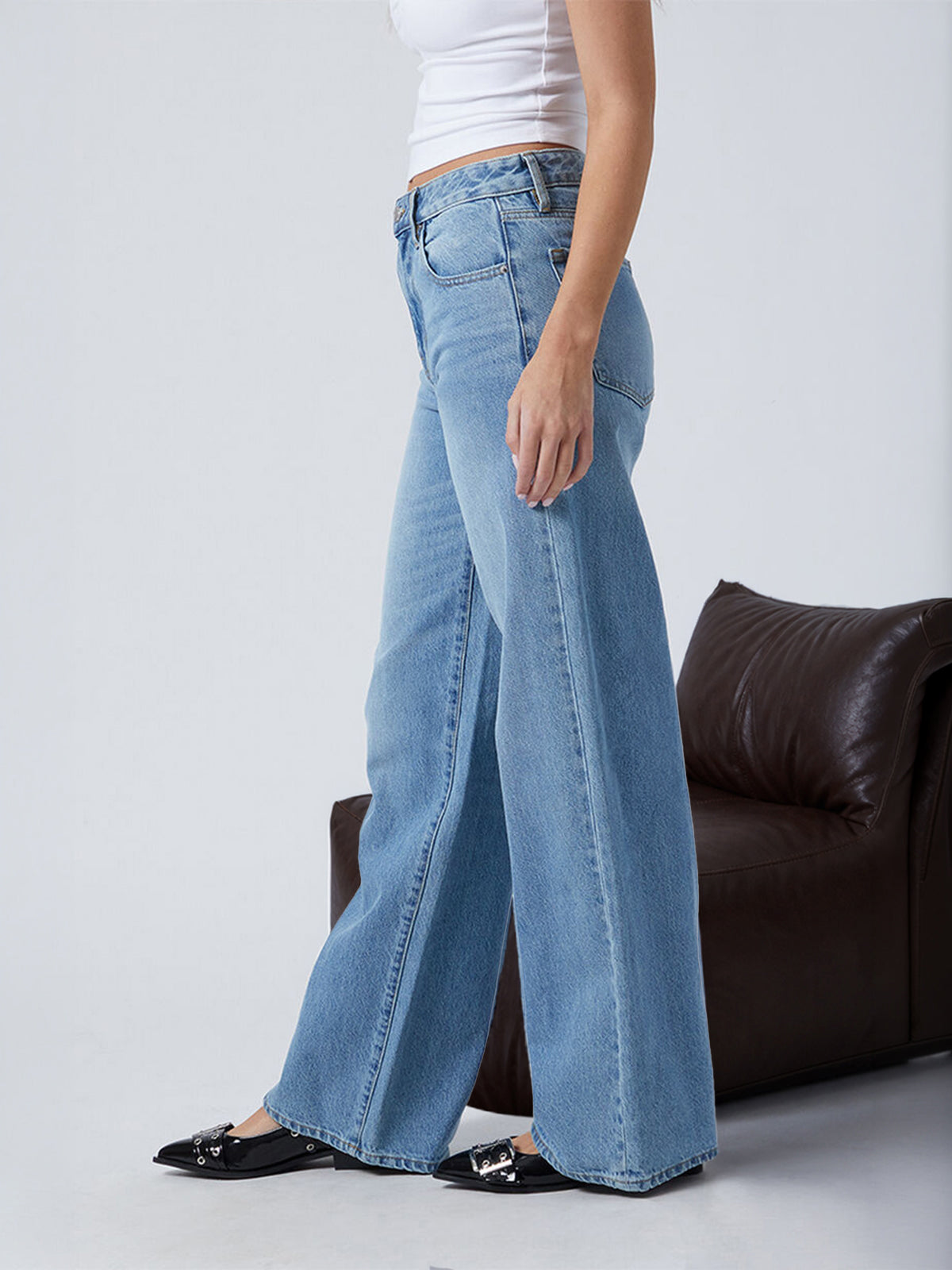 Faded Denim Blue Washed Stretchable Wide Leg Jeans