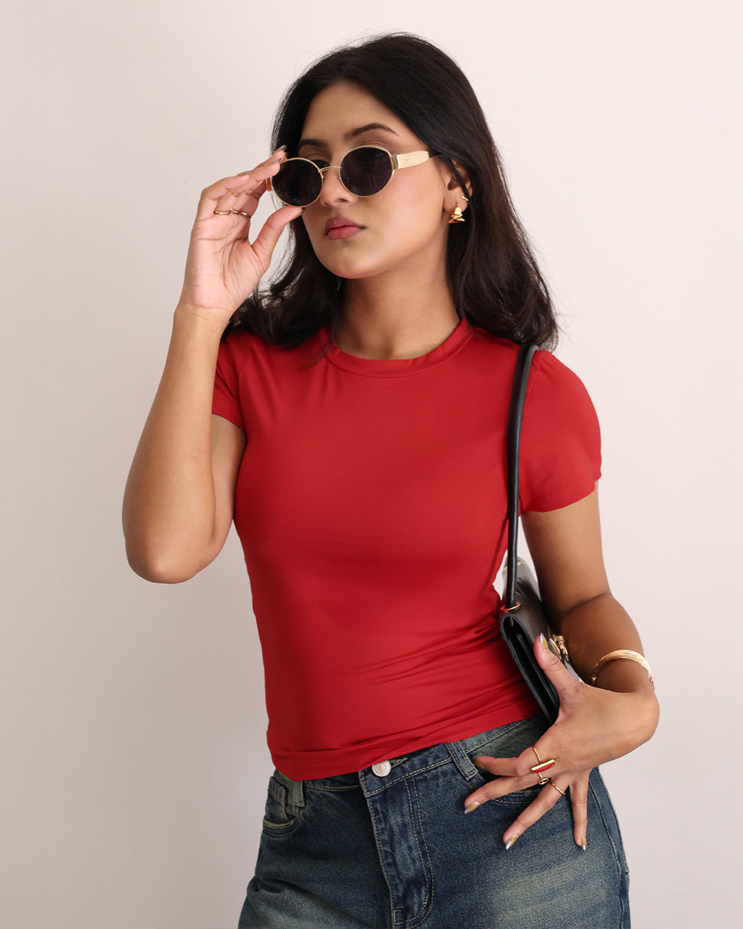 Red Crew Neck Short Sleeve Slim Fit Top