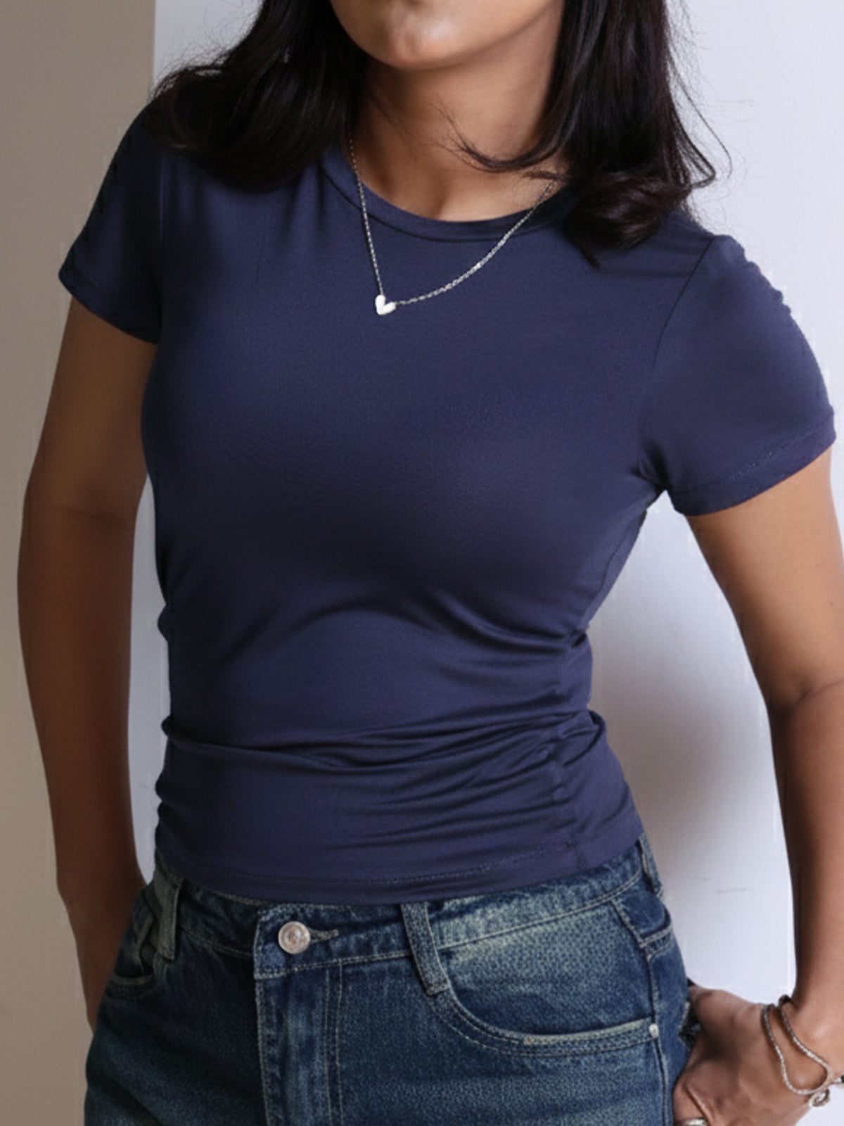 Navy Crew Neck Short Sleeve Slim Fit Top