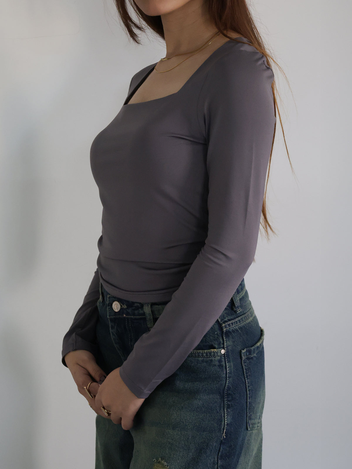 Dark Grey Square Neck Long Sleeve Slim Fit Top