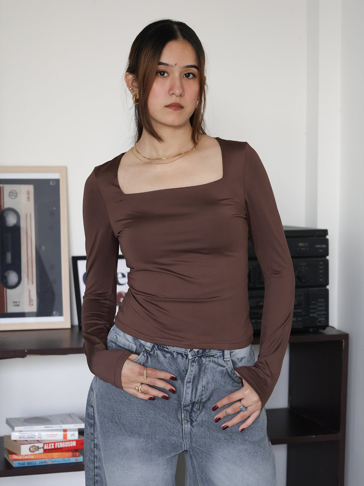 Chocolate Brown Square Neck Long Sleeve Slim Fit Top