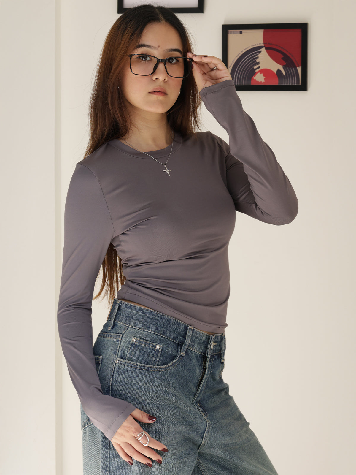 Dark Grey Crew Neck Long Sleeve Slim Fit Top