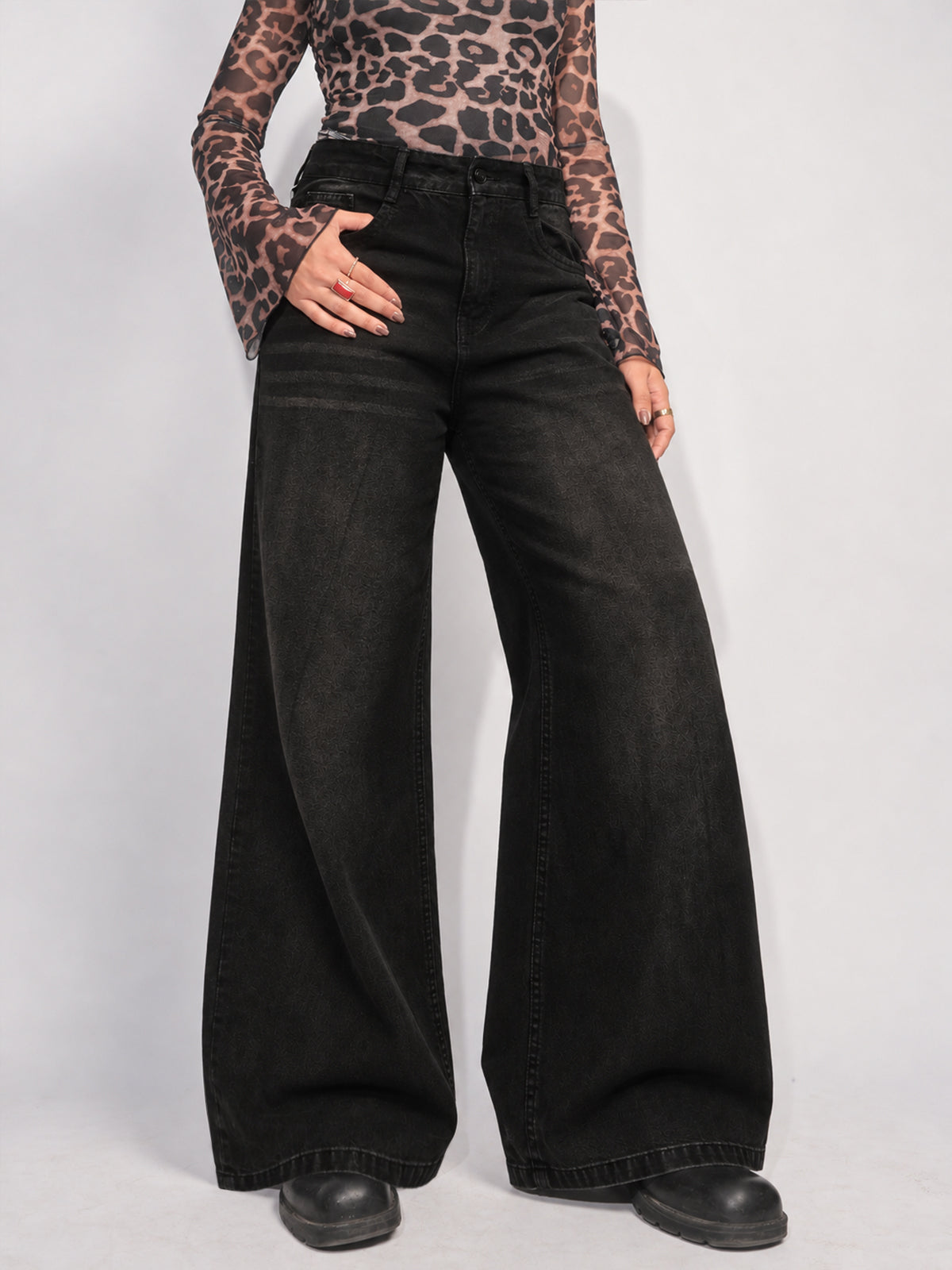 Starry Black Tinted Wide Leg Jeans
