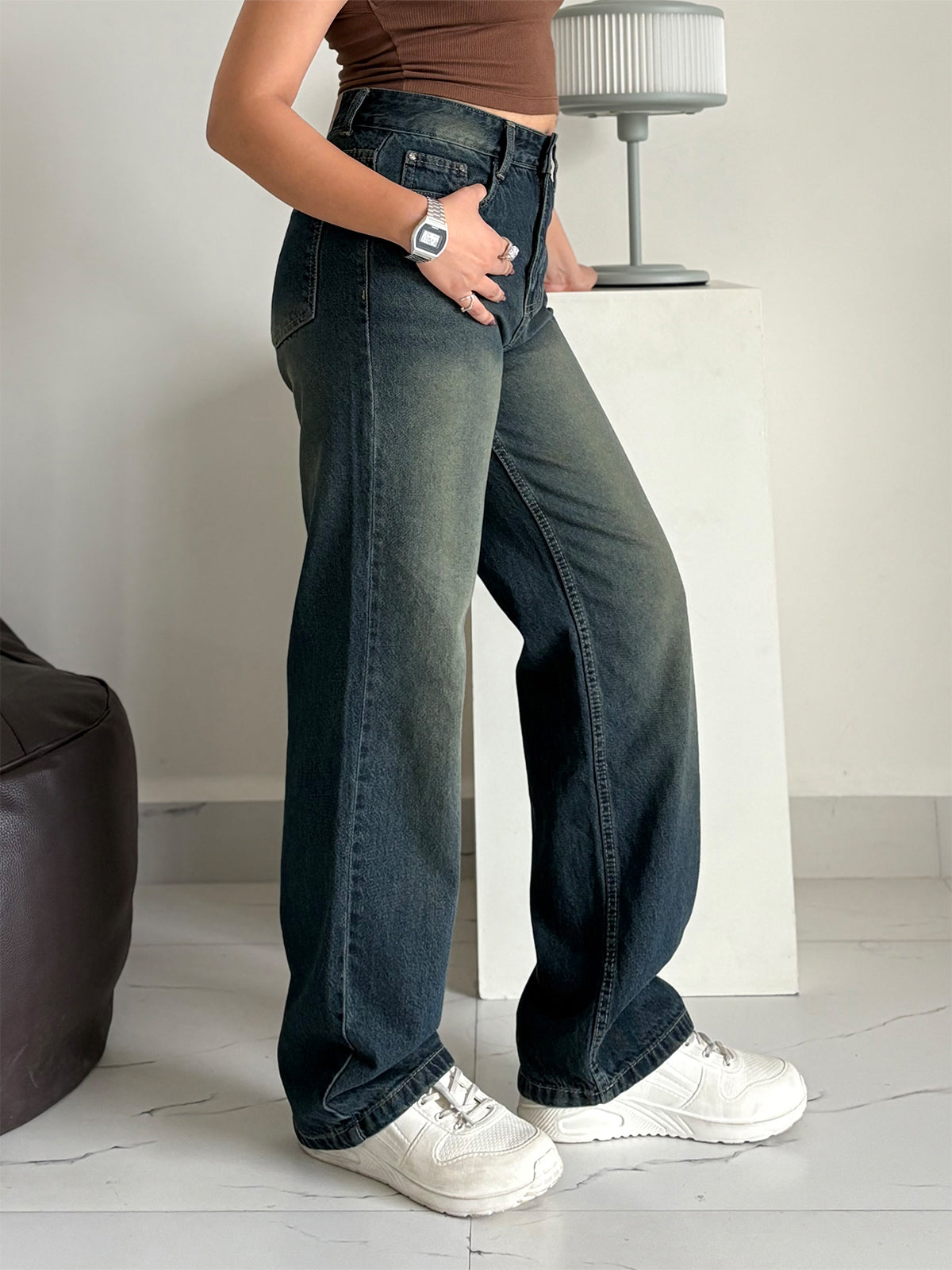 Vintage Green Tinted Straight Fit Jeans