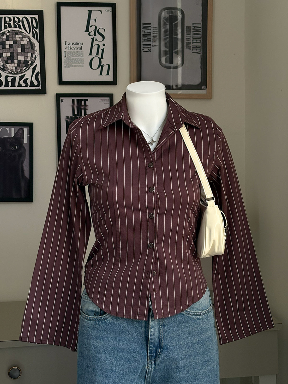 Rose Brown Striped Flared Sleeve Fitted Shirt