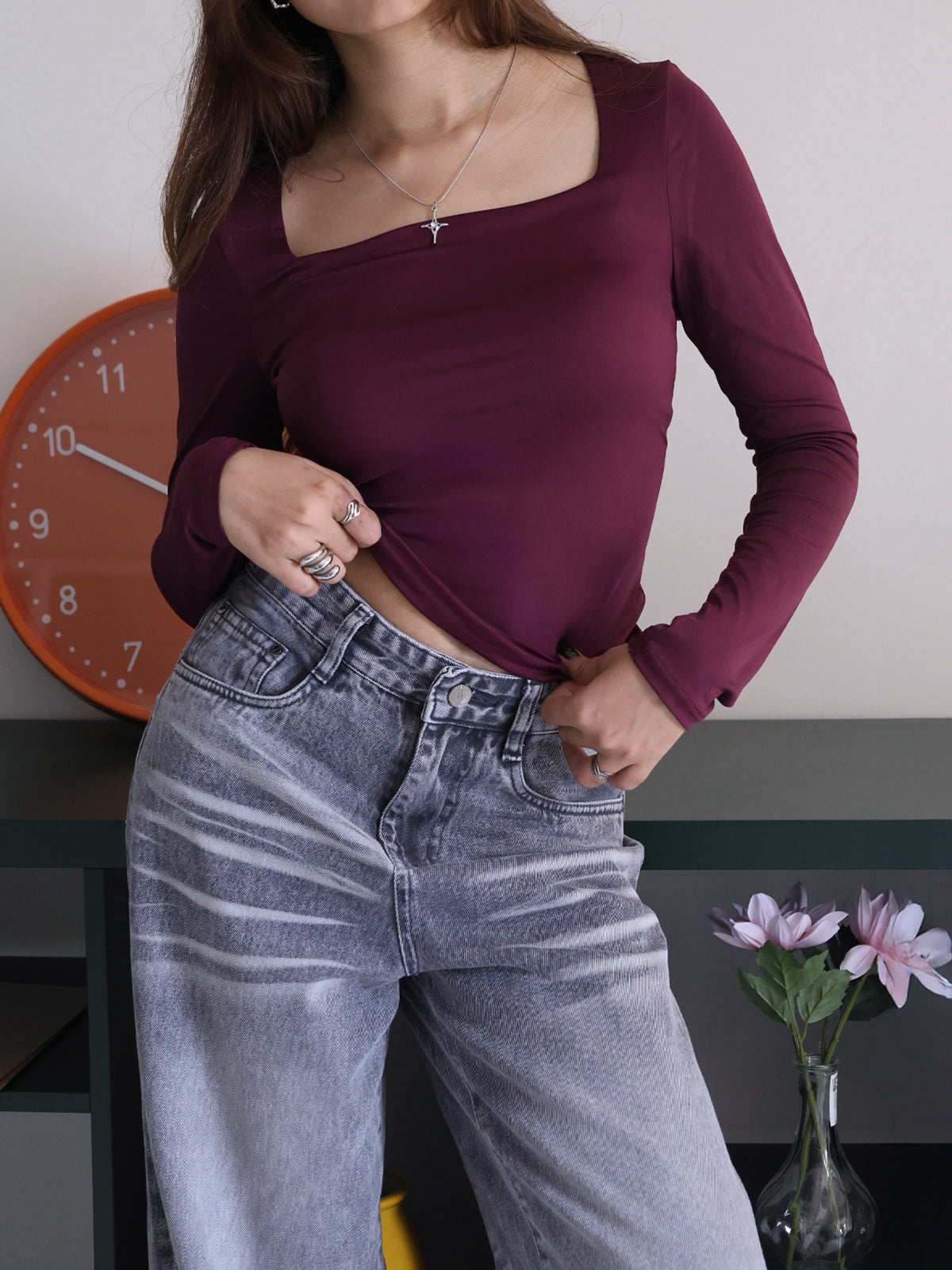 Plum Square Neck Long Sleeve Slim Fit Top