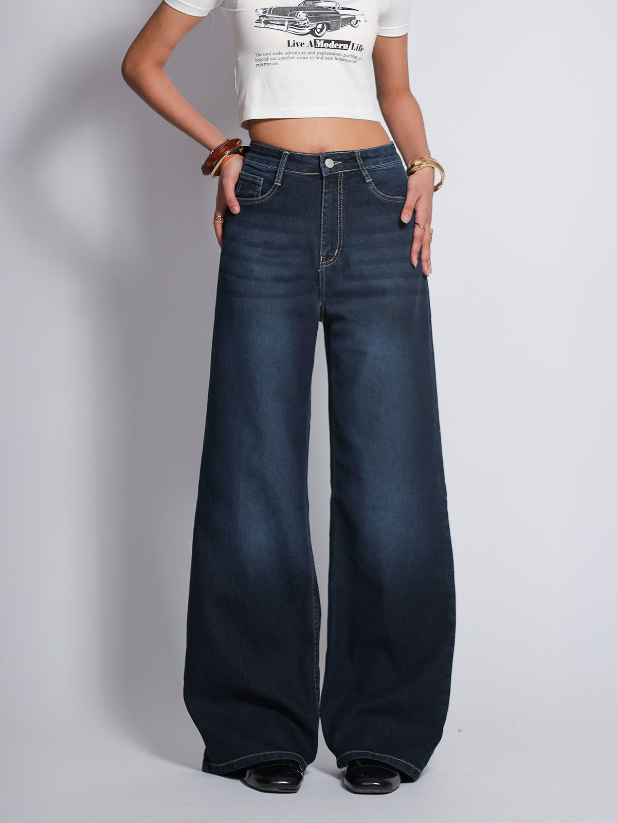 Luxe Premium Dark Blue Washed Stretchable Wide Leg Jeans
