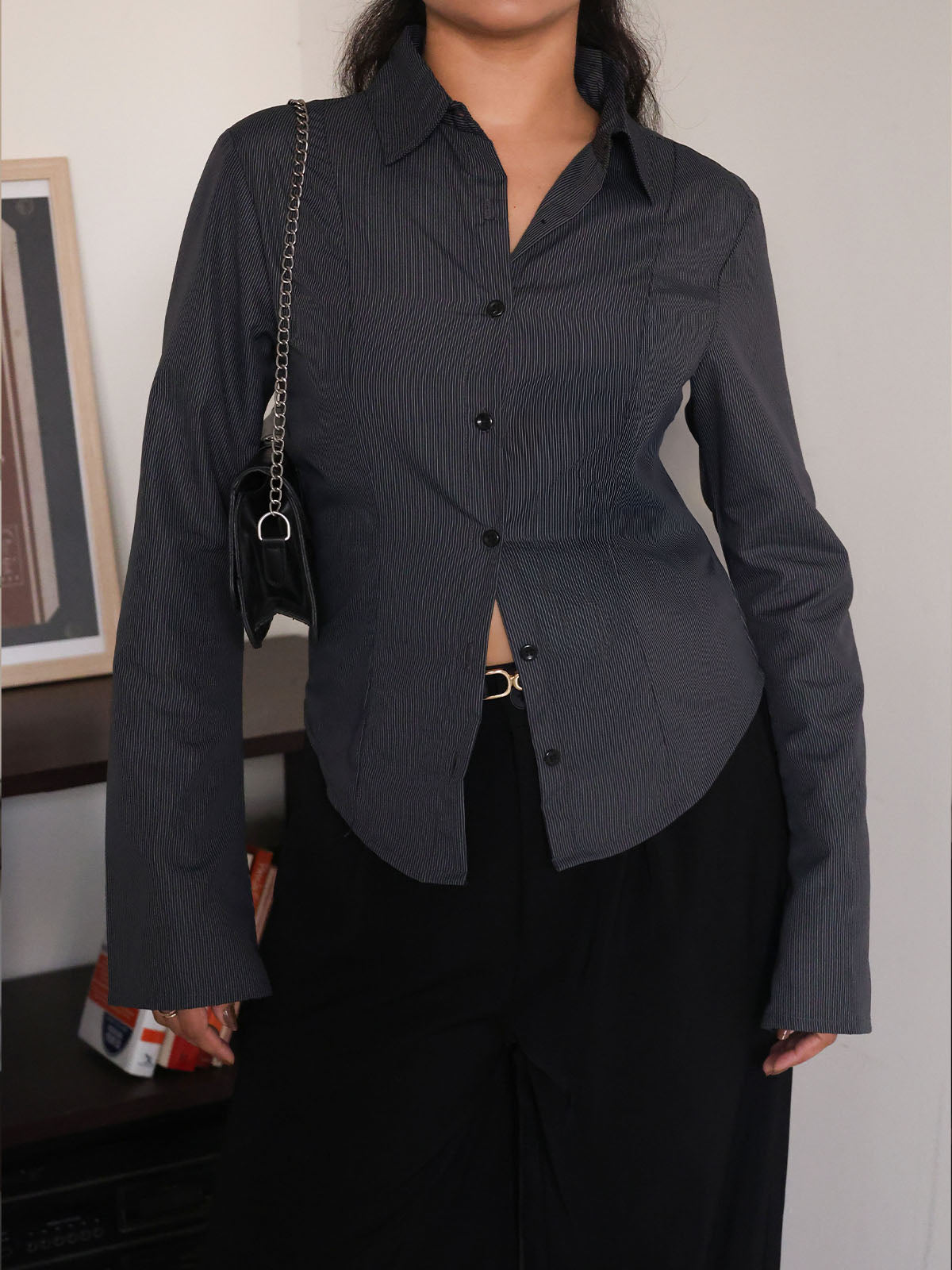 Charcoal Grey Pinstripe Flared Sleeve Fitted Shirt