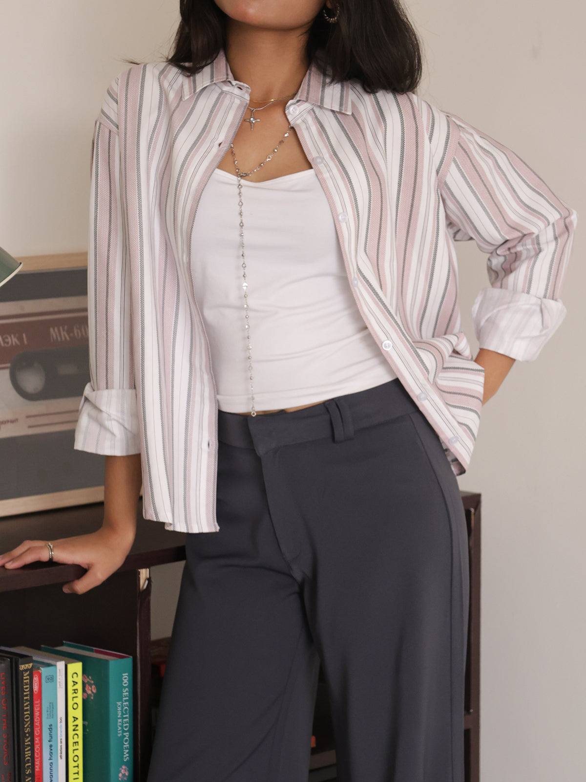 White & Pink Striped Dad Fit Shirt