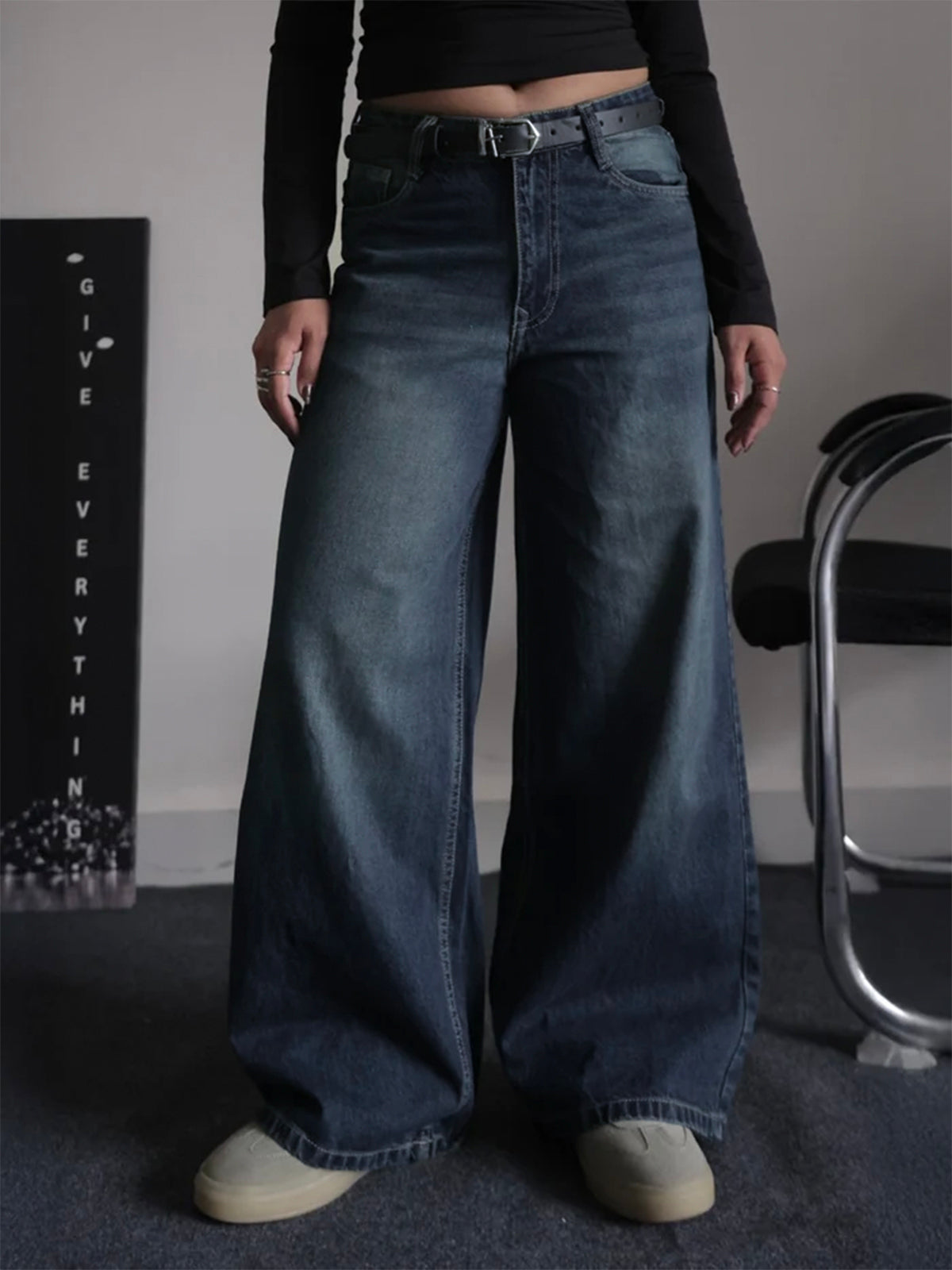 Retro Street Blue Tinted Wide Leg Jeans