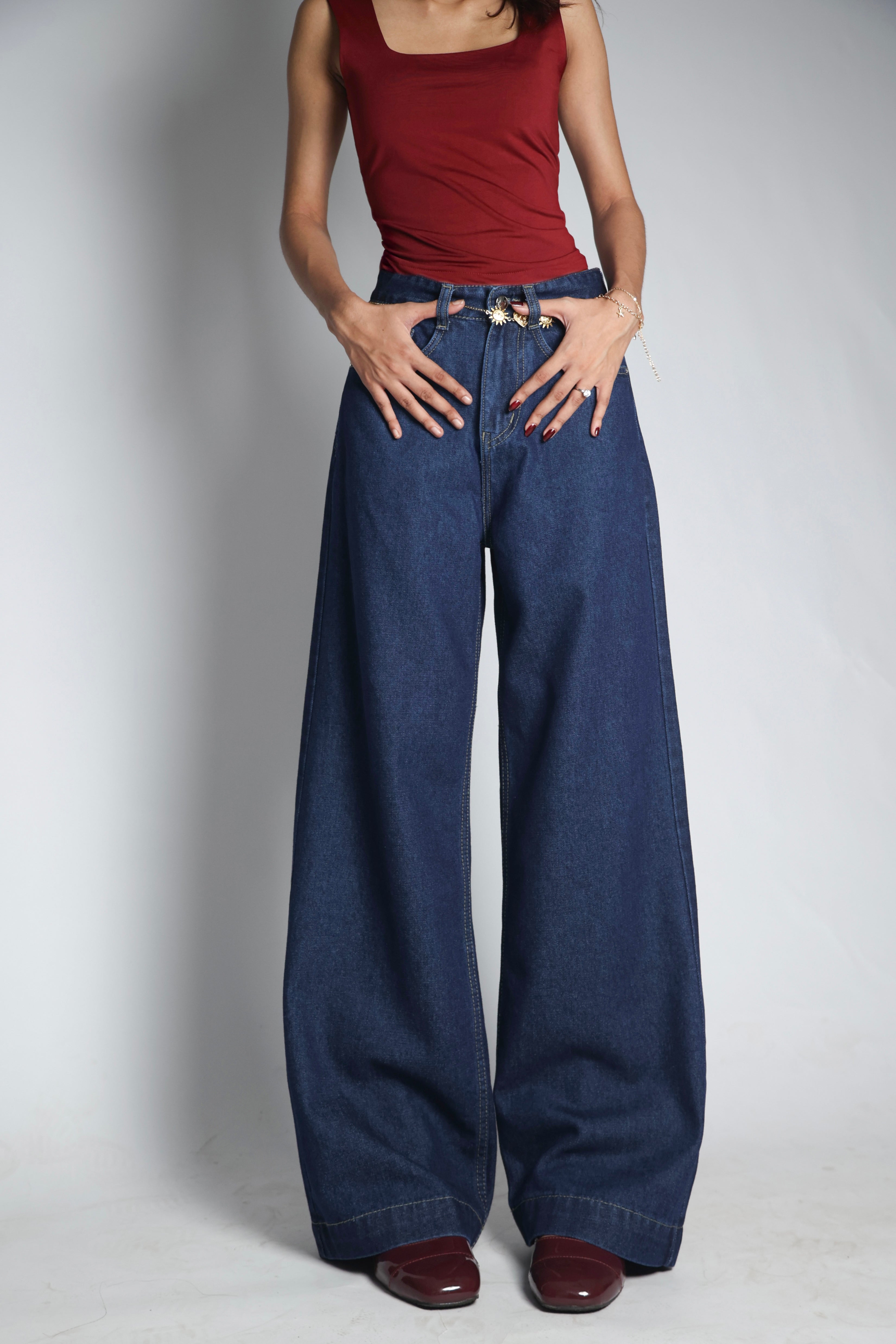 Ink Blue Raw Washed Wide Leg Jeans