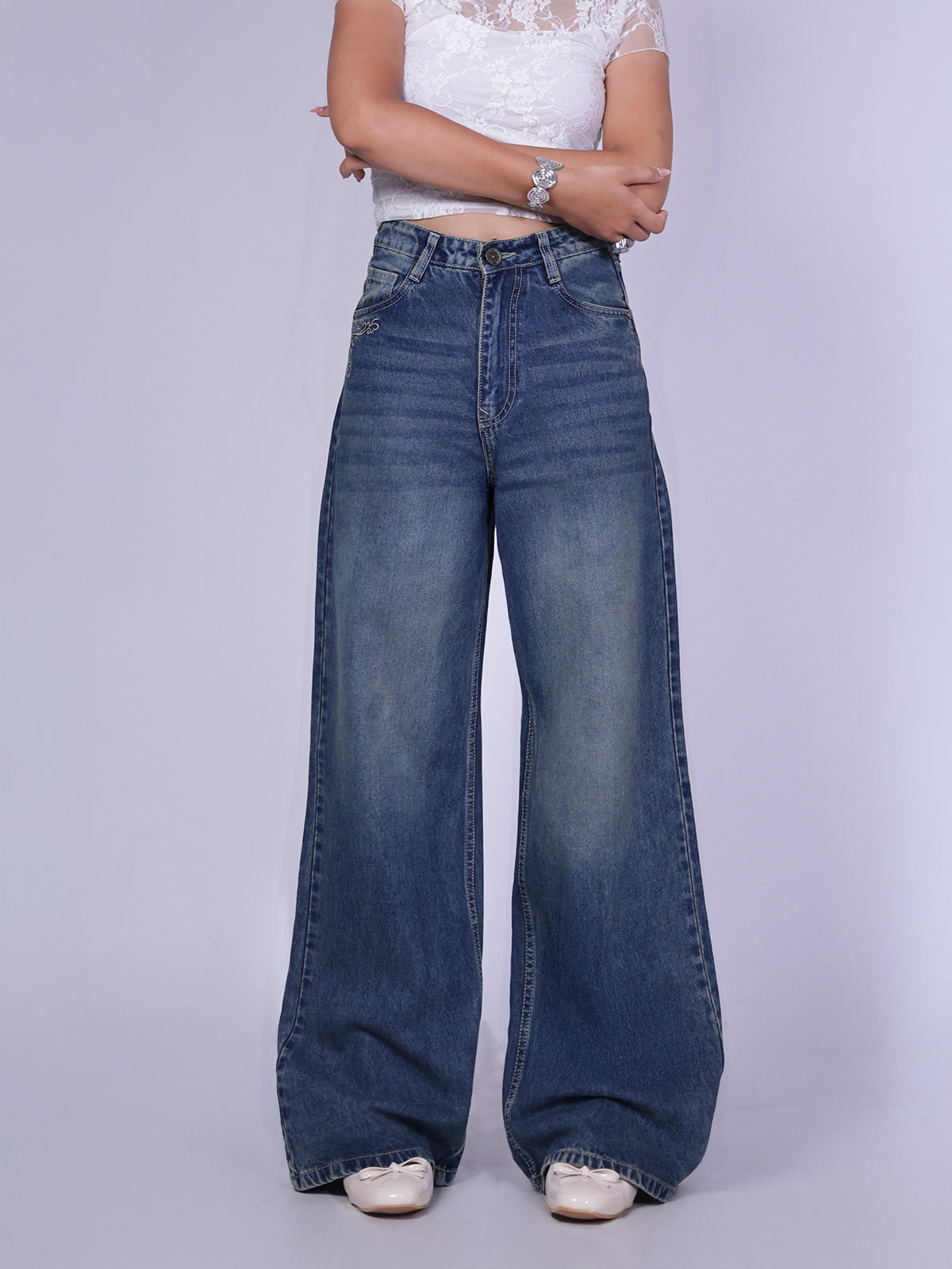 Astral Blue Embroidered Wide Leg Jeans