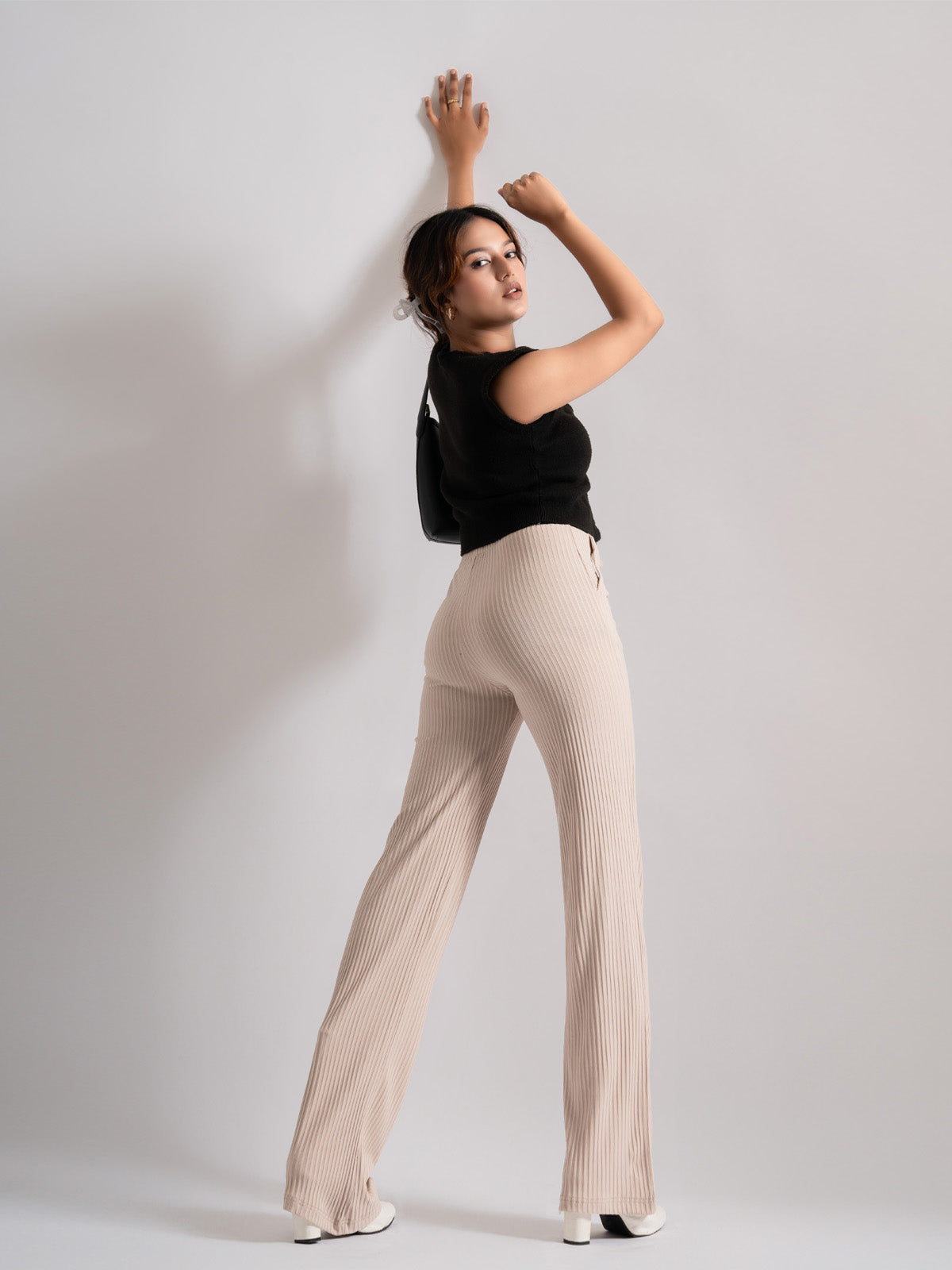 Luxe Beige Lounge Ribbed Korean Trousers