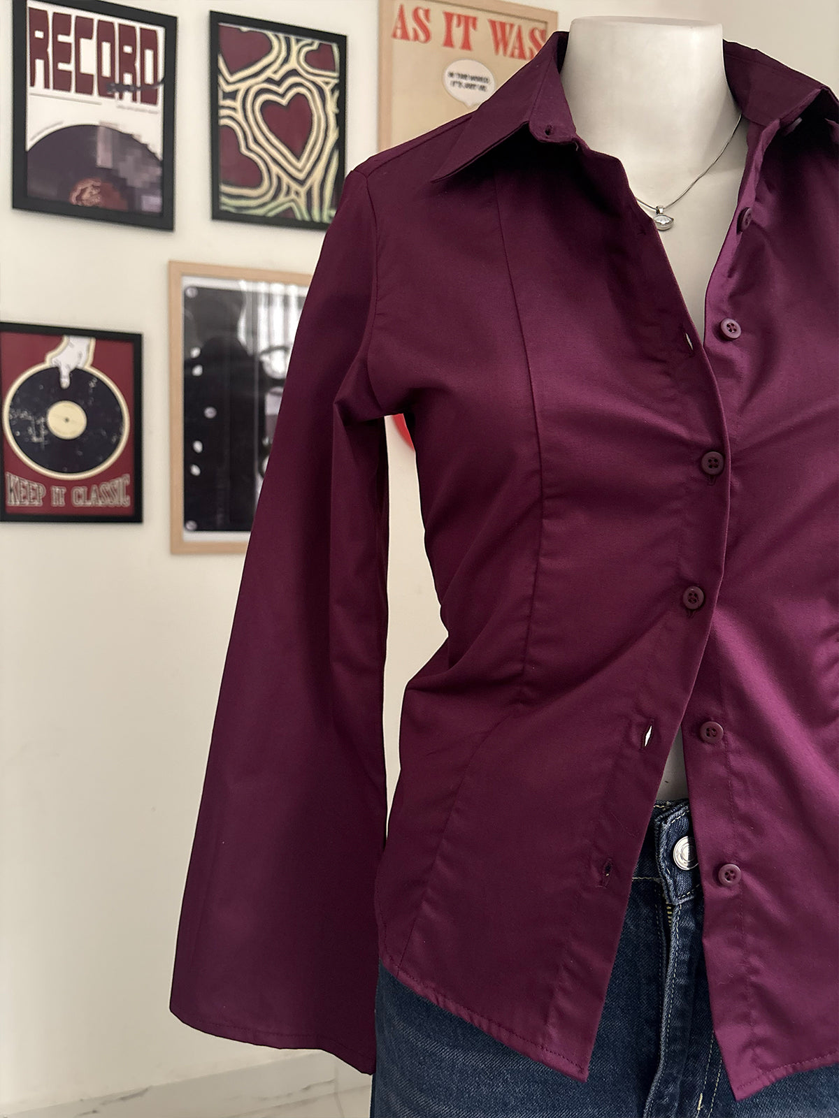 Plum Flared Sleeve Y2K Fitted Shirt