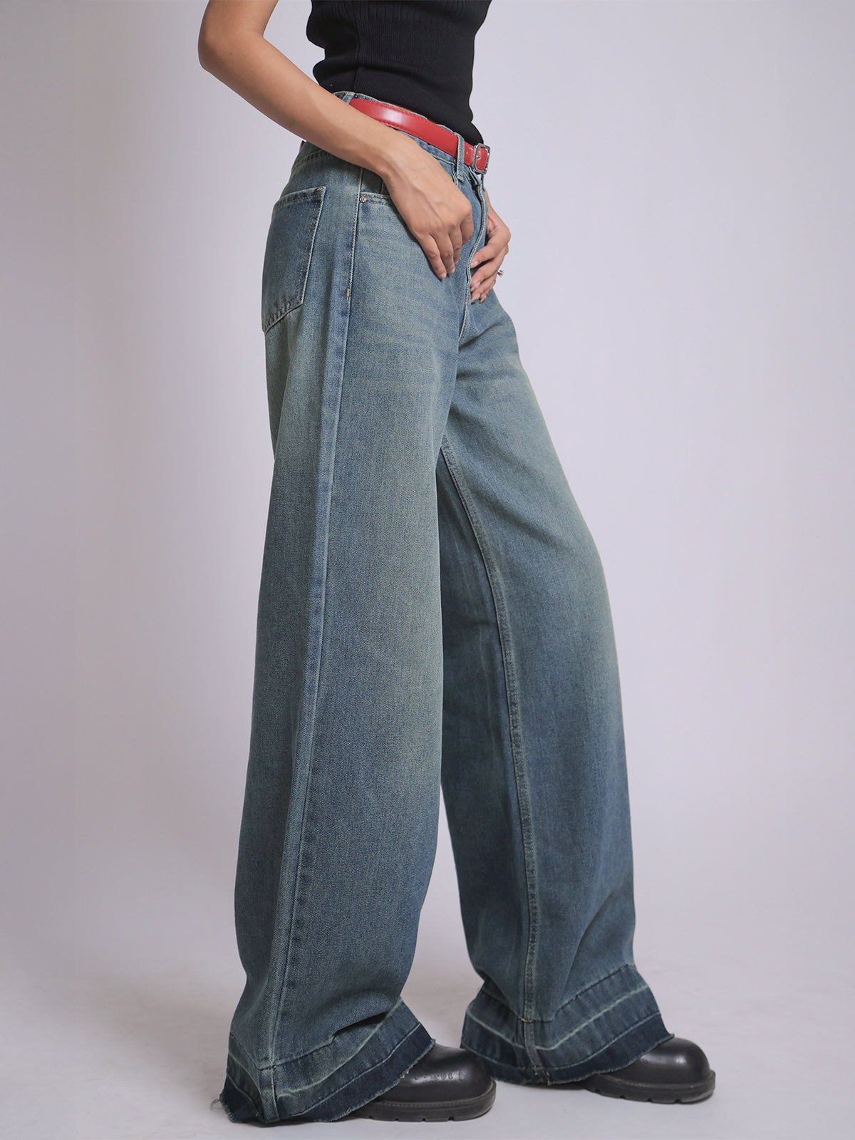 Dusty Aqua Blue Washed Super Wide Leg Jeans