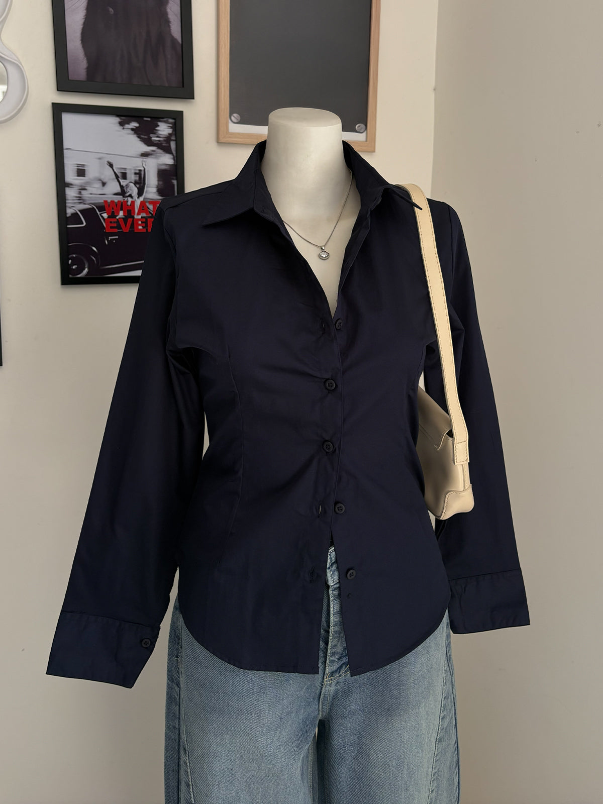Navy Long Sleeve Y2K Fitted Shirt