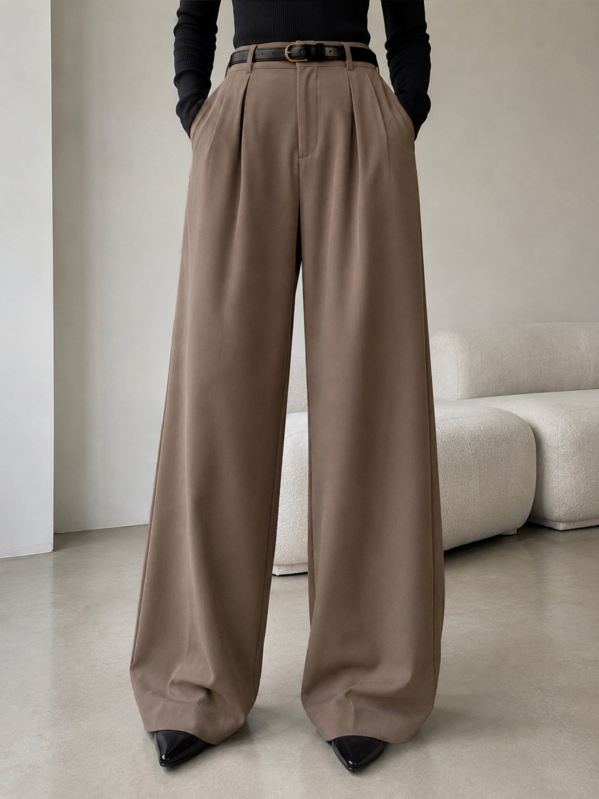 Latte Brown Pleated Wide Leg Korean Pants