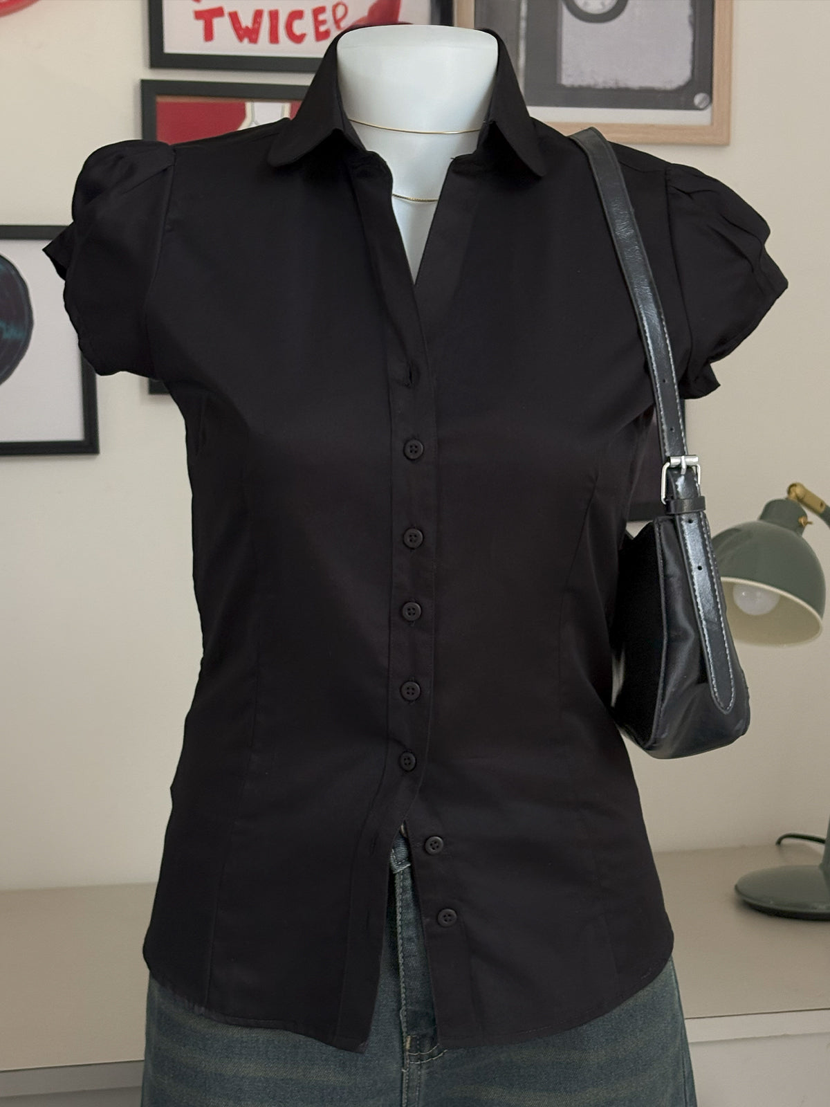 Black Short Sleeve Y2K Fitted Shirt