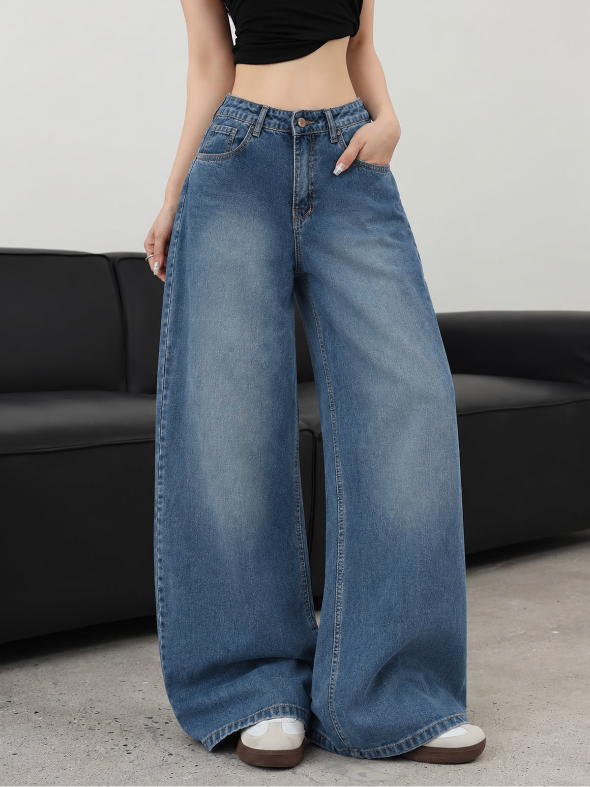 Faded Blue Washed Ultra Wide Leg Jeans