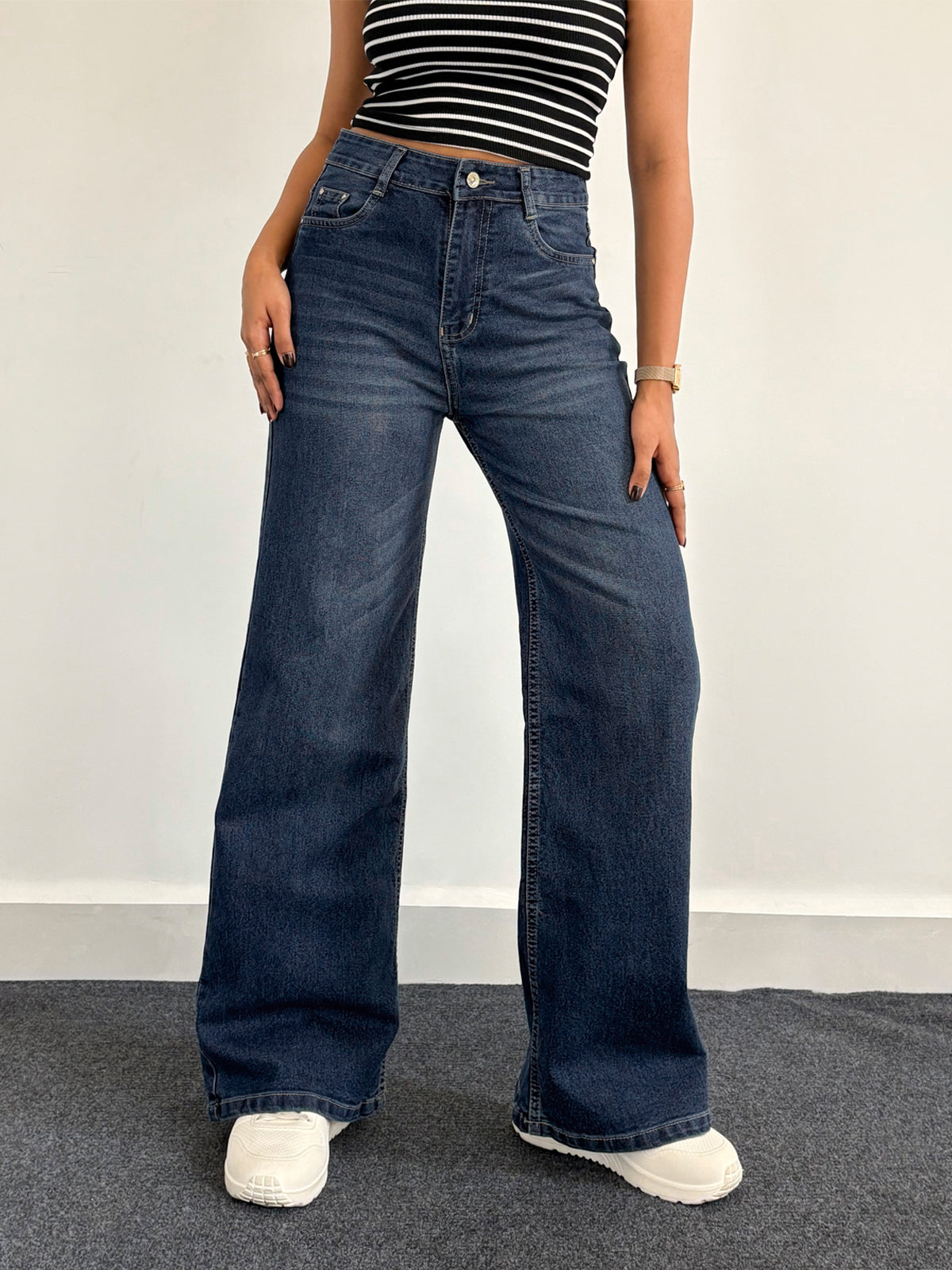 Luxe Vintage Blue Cat Whisker Stretchable Wide Leg Jeans