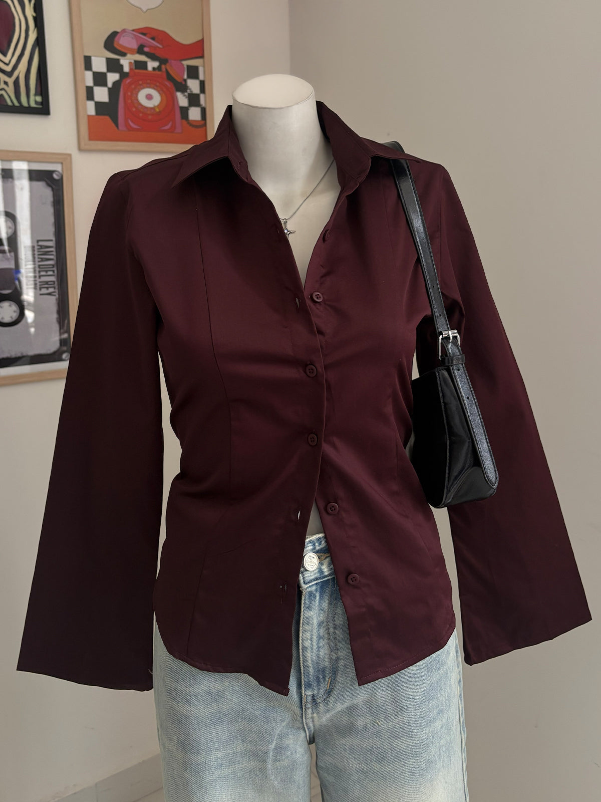 Deep Cherry Flared Sleeve Y2K Fitted Shirt