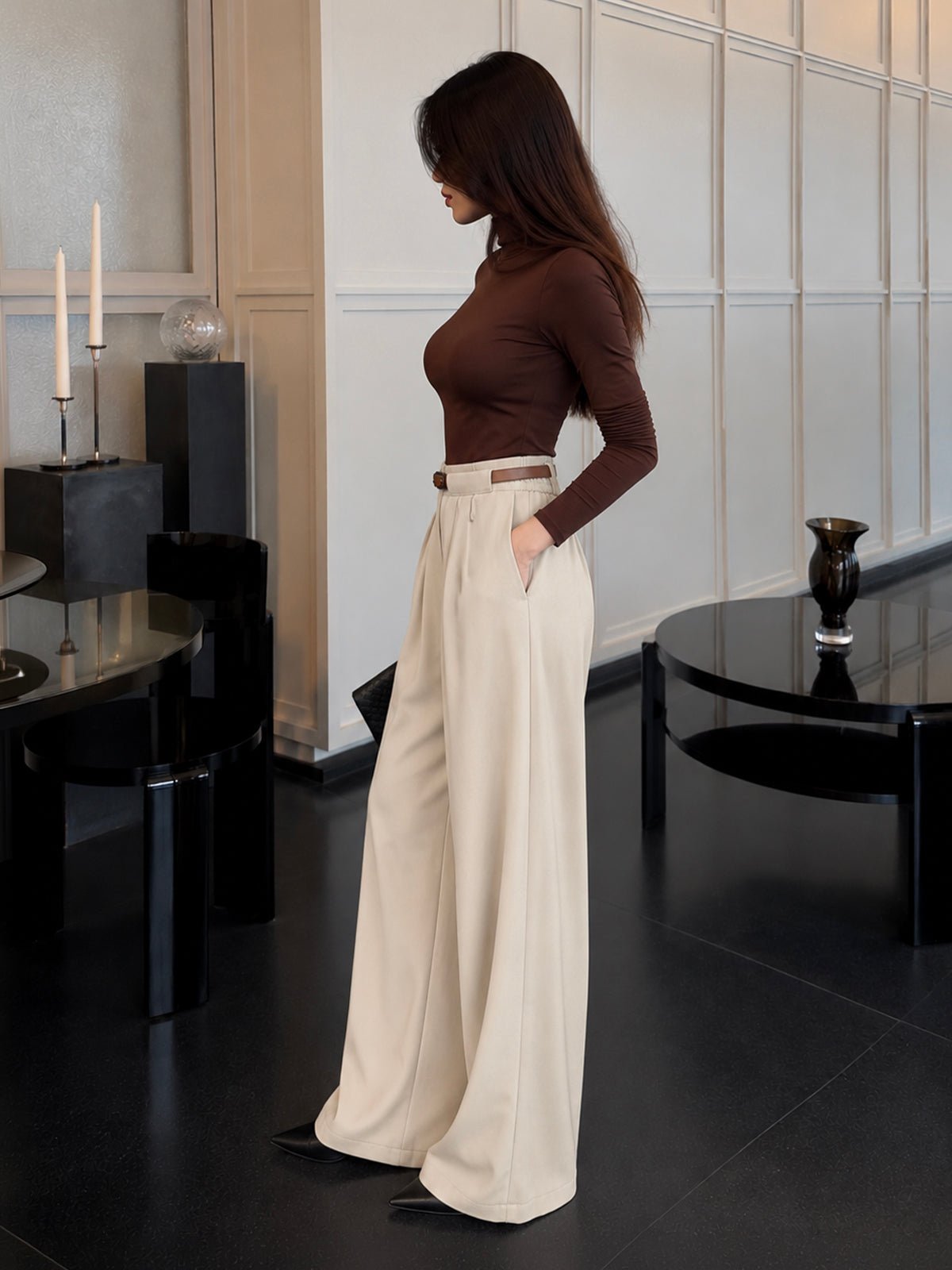 Ivory Belted Tailored Korean Pant